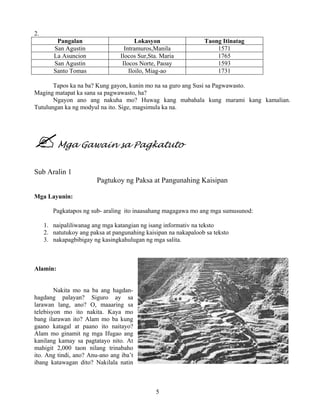 5
2.
Pangalan Lokasyon Taong Itinatag
San Agustin Intramuros,Manila 1571
La Asuncion Ilocos Sur,Sta. Maria 1765
San Agustin Ilocos Norte, Paoay 1593
Santo Tomas Iloilo, Miag-ao 1731
Tapos ka na ba? Kung gayon, kunin mo na sa guro ang Susi sa Pagwawasto.
Maging matapat ka sana sa pagwawasto, ha?
Ngayon ano ang nakuha mo? Huwag kang mabahala kung marami kang kamalian.
Tutulungan ka ng modyul na ito. Sige, magsimula ka na.
Mga Gawain sa Pagkatuto
Sub Aralin 1
Pagtukoy ng Paksa at Pangunahing Kaisipan
Mga Layunin:
Pagkatapos ng sub- araling ito inaasahang magagawa mo ang mga sumusunod:
1. naipaliliwanag ang mga katangian ng isang informativ na teksto
2. natutukoy ang paksa at pangunahing kaisipan na nakapaloob sa teksto
3. nakapagbibigay ng kasingkahulugan ng mga salita.
Alamin:
Nakita mo na ba ang hagdan-
hagdang palayan? Siguro ay sa
larawan lang, ano? O, maaaring sa
telebisyon mo ito nakita. Kaya mo
bang ilarawan ito? Alam mo ba kung
gaano katagal at paano ito naitayo?
Alam mo ginamit ng mga Ifugao ang
kanilang kamay sa pagtatayo nito. At
mahigit 2,000 taon nilang trinabaho
ito. Ang tindi, ano? Anu-ano ang iba’t
ibang katawagan dito? Nakilala natin
 