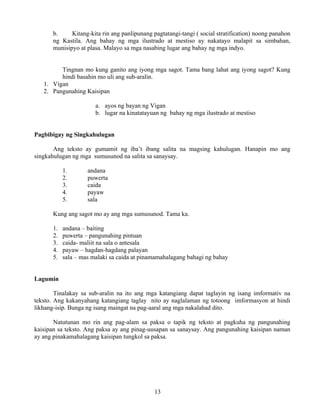 13
b. Kitang-kita rin ang panlipunang pagtatangi-tangi ( social stratification) noong panahon
ng Kastila. Ang bahay ng mga ilustrado at mestiso ay nakatayo malapit sa simbahan,
munisipyo at plasa. Malayo sa mga nasabing lugar ang bahay ng mga indyo.
Tingnan mo kung ganito ang iyong mga sagot. Tama bang lahat ang iyong sagot? Kung
hindi basahin mo uli ang sub-aralin.
1. Vigan
2. Pangunahing Kaisipan
a. ayos ng bayan ng Vigan
b. lugar na kinatatayuan ng bahay ng mga ilustrado at mestiso
Pagbibigay ng Singkahulugan
Ang teksto ay gumamit ng iba’t ibang salita na magsing kahulugan. Hanapin mo ang
singkahulugan ng mga sumusunod na salita sa sanaysay.
1. andana
2. puwerta
3. caida
4. payaw
5. sala
Kung ang sagot mo ay ang mga sumusunod. Tama ka.
1. andana – baiting
2. puwerta – pangunahing pintuan
3. caida- maliit na sala o antesala
4. payaw – hagdan-hagdang palayan
5. sala – mas malaki sa caida at pinamamahalagang bahagi ng bahay
Lagumin
Tinalakay sa sub-aralin na ito ang mga katangiang dapat taglayin ng isang imformativ na
teksto. Ang kakanyahang katangiang taglay nito ay naglalaman ng totoong imformasyon at hindi
likhang-isip. Bunga ng isang maingat na pag-aaral ang mga nakalahad dito.
Natutunan mo rin ang pag-alam sa paksa o tapik ng teksto at pagkuha ng pangunahing
kaisipan sa teksto. Ang paksa ay ang pinag-uusapan sa sanaysay. Ang pangunahing kaisipan naman
ay ang pinakamahalagang kaisipan tungkol sa paksa.
 