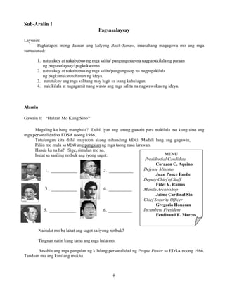 6
Sub-Aralin 1
Pagsasalaysay
Layunin:
Pagkatapos mong daanan ang kalyeng Balik-Tanaw, inaasahang magagawa mo ang mga
sumusunod:
1. natutukoy at nakabubuo ng mga salita/ pangungusap na nagpapakilala ng paraan
ng pagsasalaysay/ pagkukwento.
2. natutukoy at nakabubuo ng mga salita/pangungusap na nagpapakilala
ng pagkamakatotohanan ng ideya.
3. natutukoy ang mga salitang may higit sa isang kahulugan.
4. nakikilala at nagagamit nang wasto ang mga salita na nagwawakas ng ideya.
Alamin
Gawain 1: “Hulaan Mo Kung Sino?”
Magaling ka bang manghula? Dahil iyan ang unang gawain para makilala mo kung sino ang
mga personalidad sa EDSA noong 1986.
Tutulungan kita dahil mayroon akong inihandang MENU. Madali lang ang gagawin,
Piliin mo mula sa MENU ang pangalan ng mga taong nasa larawan.
Handa ka na ba? Sige, simulan mo na.
Isulat sa sariling notbuk ang iyong sagot.
1. ____________ 2. ___________
3. __________ 4. _________
5. ____________ 6. ___________
Naisulat mo ba lahat ang sagot sa iyong notbuk?
Tingnan natin kung tama ang mga hula mo.
Basahin ang mga pangalan ng kilalang personalidad ng People Power sa EDSA noong 1986.
Tandaan mo ang kanilang mukha.
MENU
Presidential Candidate
Corazon C. Aquino
Defense Minister
Juan Ponce Enrile
Deputy Chief of Staff
Fidel V. Ramos
Manila Archbishop
Jaime Cardinal Sin
Chief Security Officer
Gregorio Honasan
Incumbent President
Ferdinand E. Marcos
 