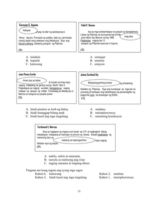 11
A. kalahati A. umangat
B. kapatid B. umalma
C. katuwang C. umayaw
A. hindi pinatira sa loob ng bahay A. malakas
B. hindi tinanggap bilang anak B. maimpluwensya
C. hindi kasal ang mga magulang C. maraming koneksyon
A. nahilo, nalito at nataranta
B. nawala sa matinong pag-iisip
C. naging masama at mapang-abuso
Tingnan mo kung tugma ang iyong mga sagot:
Kahon 6, katuwang Kahon 2, umalma
Kahon 3, hindi kasal ang mga magulang Kahon 1, maimpluwensya
Corazon C. Aquino
ng tanyag na lider ng oposisyong si
Ninoy Aquino. Pumasok sa politika dala ng paniniwala
niyang dapat nang wakasan ang diktadurya. Siya ang
kauna-unahang babaeng pangulo ng Pilipinas.
(6)
Kabiyak
Fidel V. Ramos
Isa sa mga pinakamataas na opisyal ng Sandatahang
Lakas ng Pilipinas na sumuporta kay Enrile
para laban kay Marcos noong 1986.
Pagkaraan, naging ika-12
pangulo ng Pilipinas kasunod ni Aquino.
(2)
mag-alsa
Juan Ponce Enrile
at lumaki sa hirap kaya
naging matapang na gerilya noong World War II.
Pagkatapos ay naging sundalo hanggang sa naging
mataas na opisyal ng militar. Tumiwalag sa diktadurya ni
Marcos at nanguna sa people power.
(3)
Anak siya sa labas
Jaime Cardinal Sin
ng simbahang
Katoliko ng Pilipinas. Siya ang humikayat sa mga tao na
pumanig at bantayan ang katotohanan sa pamamagitan ng
pagpunta noon sa lansangan ng EDSA.
(1)
Makapangyarihang boses
Ferdinand E. Marcos
Siya ay nagtapos ng magna cum laude sa U.P. at naglingkod bilang
makabayan, matapang at mahusay na pinuno ng bansa. Subalit pagkalipas ng
maraming taon ay
kaya naging
diktador siya ng bayan.
(5)
nalasing sa kapangyarihan
 