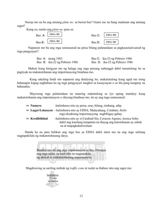 13
Naisip mo na ba ang tamang plate no. sa bawat bus? Gusto mo na bang malaman ang tamang
sagot?
Kung oo, narito ang plate no. para sa:
Bus A: Bus C:
Bus B: Bus D:
Napansin mo ba ang mga sumusunod na petsa bilang palatandaan sa pagkasunud-sunod ng
mga pangyayari?
Bus A: taong 1983 Bus C: ika-23 ng Pebrero 1986
Bus B: ika-22 ng Pebrero 1986 Bus D: ika-25 ng Pebrero 1986
Mabuti kung binigyan mo ng halaga ang mga petsang nabanggit dahil tumutulong ito sa
pagtiyak na makatotohanan ang impormasyong binabasa mo.
Kung sakaling hindi mo napansin ang detalyeng ito, makatutulong kung agad mo itong
hahanapin kapag nagbabasa ka ng mga pangyayari tungkol sa kasaysayan o sa iba pang kaugnay na
babasahin.
Mayroong mga palatandaan na maaring makatulong sa iyo upang matukoy kung
makatotohanan ang impormasyon o ideyang binabasa mo, ito ay ang mga sumusunod:
✍ Numero -halimbawa nito ay petsa, oras, bilang, timbang, atbp.
✍ Lugar/Lokasyon - halimbawa nito ay EDSA, Malacañang, Cotabato, Iloilo
mga eksaktong impormasyong nagbibigay-gabay
✍ Kredibilidad -halimbawa nito ay si Cardinal Sin, Corazon Aquino, Jessica Soho
dahil ang kanilang katapatan na ihayag ang katotohanan ay subok
na at mapagkakatiwalaan
Handa ka na para balikan ang mga bus sa EDSA dahil alam mo na ang mga salitang
nagpapakilala ng makatotohanang ideya.
Basahin mo uli ang mga impormasyon sa bus. Hanapin
ang mga salita sa loob nito na nagpapakita
ng aktwal at makatotohanang impormasyon.
Magdrowing sa sariling notbuk ng traffic cone at isulat sa ibabaw nito ang sagot mo:
halimbawa
11 oras
na martsa
EDSA- 001
EDSA- 002
EDSA- 004
EDSA- 003
 