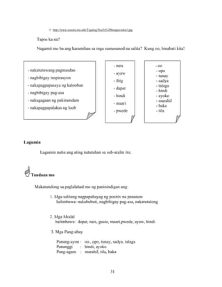 31
© http://www.seasite.niu.edu/Tagalog/Noel's%20Images/edsa1.jpg
Tapos ka na?
Nagamit mo ba ang karamihan sa mga sumusunod na salita? Kung oo, binabati kita!
Lagumin
Lagumin natin ang ating natutuhan sa sub-aralin ito;
Tandaan mo
Makatutulong sa paglalahad mo ng paninindigan ang:
1. Mga salitang nagpapahayag ng positiv na pananaw
halimbawa: nakabubuti, nagbibigay pag-asa, nakatutulong
2. Mga Modal
halimbawa: dapat, nais, gusto, maari,pwede, ayaw, hindi
3. Mga Pang-abay
Panang-ayon : oo., opo, tunay, sadya, talaga
Pananggi : hindi, ayoko
Pang-agam : marahil, tila, baka
- nakatutuwang pagmasdan
- nagbibigay inspirasyon
- nakapagpapasaya ng kalooban
- nagbibigay pag-asa
- nakagagaan ng pakiramdam
- nakapagpapalakas ng loob
- nais
- ayaw
- ibig
- dapat
- hindi
- maari
- pwede
- oo
- opo
- tunay
- sadya
- talaga
- hindi
- ayoko
- marahil
- baka
- tila
 