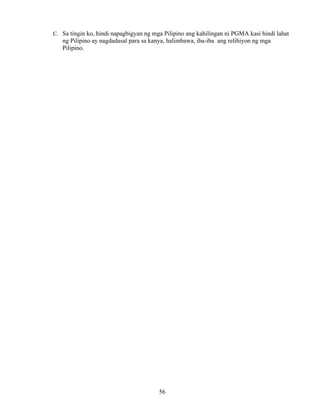 56
C. Sa tingin ko, hindi napagbigyan ng mga Pilipino ang kahilingan ni PGMA kasi hindi lahat
ng Pilipino ay nagdadasal para sa kanya, halimbawa, iba-iba ang relihiyon ng mga
Pilipino.
 