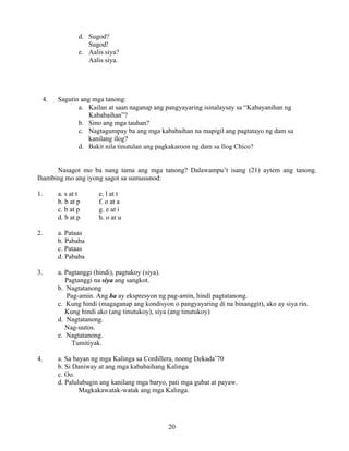 20
d. Sugod?
Sugod!
e. Aalis siya?
Aalis siya.
4. Sagutin ang mga tanong:
a. Kailan at saan naganap ang pangyayaring isinalaysay sa “Kabayanihan ng
Kababaihan”?
b. Sino ang mga tauhan?
c. Nagtagumpay ba ang mga kababaihan na mapigil ang pagtatayo ng dam sa
kanilang ilog?
d. Bakit nila tinutulan ang pagkakaroon ng dam sa Ilog Chico?
Nasagot mo ba nang tama ang mga tanong? Dalawampu’t isang (21) aytem ang tanong.
Ihambing mo ang iyong sagot sa sumusunod:
1. a. s at t e. l at t
b. b at p f. o at a
c. b at p g. e at i
d. b at p h. o at u
2. a. Pataas
b. Pababa
c. Pataas
d. Pababa
3. a. Pagtanggi (hindi), pagtukoy (siya).
Pagtanggi na siya ang sangkot.
b. Nagtatanong
Pag-amin. Ang ba ay ekspresyon ng pag-amin, hindi pagtatanong.
c. Kung hindi (magaganap ang kondisyon o pangyayaring di na binanggit), ako ay siya rin.
Kung hindi ako (ang tinutukoy), siya (ang tinutukoy)
d. Nagtatanong.
Nag-uutos.
e. Nagtatanong.
Tumitiyak.
4. a. Sa bayan ng mga Kalinga sa Cordillera, noong Dekada’70
b. Si Daniway at ang mga kababaihang Kalinga
c. Oo.
d. Palulubugin ang kanilang mga baryo, pati mga gubat at payaw.
Magkakawatak-watak ang mga Kalinga.
 