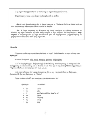 23
Ang mga wikang panrehiyon ay pantulong na mga wikang panturo roon.
Dapat itaguyod nang kusa at opsyonal ang Kastila at Arabic.
Sek. 8. Ang Konstitusyong ito ay dapat ipahayag sa Filipino at Ingles at dapat isalin sa
mga pangunahing wikang panrehiyon, Arabic, at Kastila.
Sek. 9. Dapat magtatag ang Kongreso ng isang komisyon ng wikang pambansa na
binubuo ng mga kinatawan ng iba’t ibang rehiyon at mga disiplina na magsasagawa, mag-
uugnay at magtataguyod ng mga pananaliksik para sa pagpapaunlad, pagpapalaganap at
pagpapanatili sa Filipino at iba pang mga wika.
Linangin
Napansin mo ba ang mga salitang italisado sa itaas? Halimbawa ito ng mga salitang may
diptonggo.
Basahin mong muli, may, batay, kaugnay, patunay, mag-uugnay.
Ano ba ang diptonggo? Ang diptonggo ay binubuo ng dalawang tunog na pinagsama: alin
mang patinig na sinusundan ng alin sa dalawa: w o y. Ano nga ba ang patinig? Lima ang patinig sa
Filipino, di ba? Anu-ano ang mga ito? /a, e, i, o, u/.
Alin man sa limang ito, kapag sinundan ng alin sa w o y ay nakabubuo ng diptonggo.
Samakatwid, ilan ang diptonggo sa Filipino?
Tama ka kung pito (7) ang sagot mo. Anu-ano ang mga ito?
Diptonggo Halimbawa
• aw sitaw
• iw aliw
• iy kami’y (pinaikling kami at ay)
• ey reyna
• ay kaugnay
• oy kahoy
• uy aruy
 
