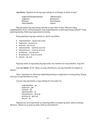 32
Ang klaster. Napansin mo ba ang mga salitang ito na hinango sa teksto sa itaas?
maprotektahan/protektahan inkriminasyon
mapwersa proteksyon
kriminal Konstitusyon
administratibo aksyon
Bigyang pansin ang mga letrang italisado sa mga salita sa itaas. Mayroon silang
pagkakapareho, di ba? Anong katangian itong magkakapareho sa dalawang letrang italisado? Tama,
parehong katinig. Dalawang magkasunod na katinig.
Kung papantigin ang mga salitang ito, ganito ang lalabas:
• maprotektahan – ma.pro.tek.ta.han
• mapwersa – ma.pwer.sa
• kriminal – kri.mi.nal
• administratibo – ad.mi.nis.tra.ti.bo
• inkriminasyon – in.kri.mi.na.syon
• proteksyon – pro.tek.syon
• Konstitusyon – kons.ti.tu.syon
• aksyon – ak.syon
Ngayong nahati sa mga pantig ang mga salita, mas malinaw mo nang makikita. Ang alin?
Ang mga klaster, di ba? Batay sa iyong obserbasyon, ano ang masasabi mo tungkol sa
klaster?
Tama. Ang klaster ay dalawang magkaibang katinig na magkasama sa iisang pantig. Kitang-
kita iyan sa mga halimbawa sa itaas.
Anu-ano ang mga klaster sa mga salitang ito? Isa-isahin mo.
maprotektahan – pr
mapwersa – pw
kriminal – kr
administratibo – tr
inkriminasyon – kr at sy
proteksyon – pr at sy
aksyon – sy
Napansin mo ba na ang klaster ay maaaring makita sa unahan ng salita, tulad sa salitang
kriminal. Maaari rin sa gitna ng salita, tulad sa administratibo.
 