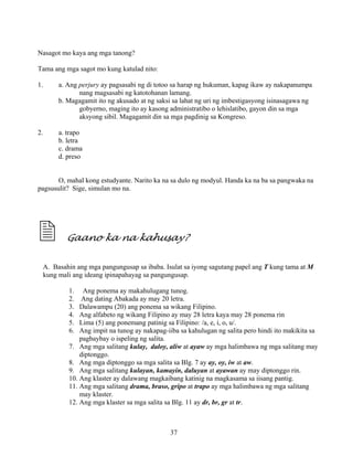 37
Nasagot mo kaya ang mga tanong?
Tama ang mga sagot mo kung katulad nito:
1. a. Ang perjury ay pagsasabi ng di totoo sa harap ng hukuman, kapag ikaw ay nakapanumpa
nang magsasabi ng katotohanan lamang.
b. Magagamit ito ng akusado at ng saksi sa lahat ng uri ng imbestigasyong isinasagawa ng
gobyerno, maging ito ay kasong administratibo o lehislatibo, gayon din sa mga
aksyong sibil. Magagamit din sa mga pagdinig sa Kongreso.
2. a. trapo
b. letra
c. drama
d. preso
O, mahal kong estudyante. Narito ka na sa dulo ng modyul. Handa ka na ba sa pangwaka na
pagsusulit? Sige, simulan mo na.
Gaano ka na kahusay?
A. Basahin ang mga pangungusap sa ibaba. Isulat sa iyong sagutang papel ang T kung tama at M
kung mali ang ideang ipinapahayag sa pangungusap.
1. Ang ponema ay makahulugang tunog.
2. Ang dating Abakada ay may 20 letra.
3. Dalawampu (20) ang ponema sa wikang Filipino.
4. Ang alfabeto ng wikang Filipino ay may 28 letra kaya may 28 ponema rin
5. Lima (5) ang ponemang patinig sa Filipino: /a, e, i, o, u/.
6. Ang impit na tunog ay nakapag-iiba sa kahulugan ng salita pero hindi ito makikita sa
pagbaybay o ispeling ng salita.
7. Ang mga salitang kulay, daloy, aliw at ayaw ay mga halimbawa ng mga salitang may
diptonggo.
8. Ang mga diptonggo sa mga salita sa Blg. 7 ay ay, oy, iw at aw.
9. Ang mga salitang kulayan, kamayin, daluyan at ayawan ay may diptonggo rin.
10. Ang klaster ay dalawang magkaibang katinig na magkasama sa iisang pantig.
11. Ang mga salitang drama, braso, gripo at trapo ay mga halimbawa ng mga salitang
may klaster.
12. Ang mga klaster sa mga salita sa Blg. 11 ay dr, br, gr at tr.
 