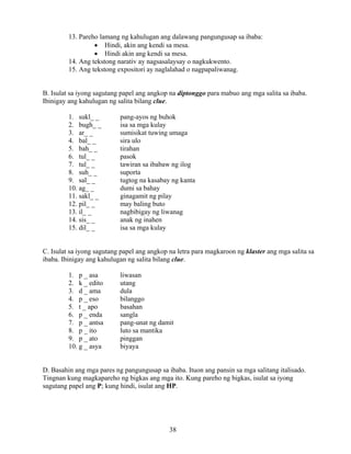 38
13. Pareho lamang ng kahulugan ang dalawang pangungusap sa ibaba:
• Hindi, akin ang kendi sa mesa.
• Hindi akin ang kendi sa mesa.
14. Ang tekstong narativ ay nagsasalaysay o nagkukwento.
15. Ang tekstong expositori ay naglalahad o nagpapaliwanag.
B. Isulat sa iyong sagutang papel ang angkop na diptonggo para mabuo ang mga salita sa ibaba.
Ibinigay ang kahulugan ng salita bilang clue.
1. sukl_ _ pang-ayos ng buhok
2. bugh_ _ isa sa mga kulay
3. ar_ _ sumisikat tuwing umaga
4. bal_ _ sira ulo
5. bah_ _ tirahan
6. tul_ _ pasok
7. tul_ _ tawiran sa ibabaw ng ilog
8. suh_ _ suporta
9. sal_ _ tugtog na kasabay ng kanta
10. ag_ _ dumi sa bahay
11. sakl_ _ ginagamit ng pilay
12. pil_ _ may baling buto
13. il_ _ nagbibigay ng liwanag
14. sis_ _ anak ng inahen
15. dil_ _ isa sa mga kulay
C. Isulat sa iyong sagutang papel ang angkop na letra para magkaroon ng klaster ang mga salita sa
ibaba. Ibinigay ang kahulugan ng salita bilang clue.
1. p _ asa liwasan
2. k _ edito utang
3. d _ ama dula
4. p _ eso bilanggo
5. t _ apo basahan
6. p _ enda sangla
7. p _ antsa pang-unat ng damit
8. p _ ito luto sa mantika
9. p _ ato pinggan
10. g _ asya biyaya
D. Basahin ang mga pares ng pangungusap sa ibaba. Ituon ang pansin sa mga salitang italisado.
Tingnan kung magkapareho ng bigkas ang mga ito. Kung pareho ng bigkas, isulat sa iyong
sagutang papel ang P; kung hindi, isulat ang HP.
 
