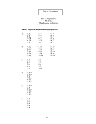 41
Susi sa Pagwawasto
Modyul 2
Mga Ponema ng Filipino
Ano na ang alam mo (Panimulang Pagsusulit)
A. 1. T. 6. T 11. T
2. T 7. T 12. T
3. M 8. T 13. M
4. M 9. M 14. T
5. T 10. T 15. T
B. 1. ay 6. oy 11. ay
2. aw 7. ay 12. ay
3. aw 8. ay 13. aw
4. iw 9. iw 14. iw
5. ay 10. iw 15. aw
C. 1. l 6. r
2. r 7. l
3. r 8. r
4. r 9. l
5. r 10. r
D. 1. HP
2. HP
3. P
4. HP
5. HP
E. 1. HP
2. P
3. HP
4. HP
5. HP
F. 1. a
2. c
3. c
4. a
5. a
Susi sa Pagwawasto
 