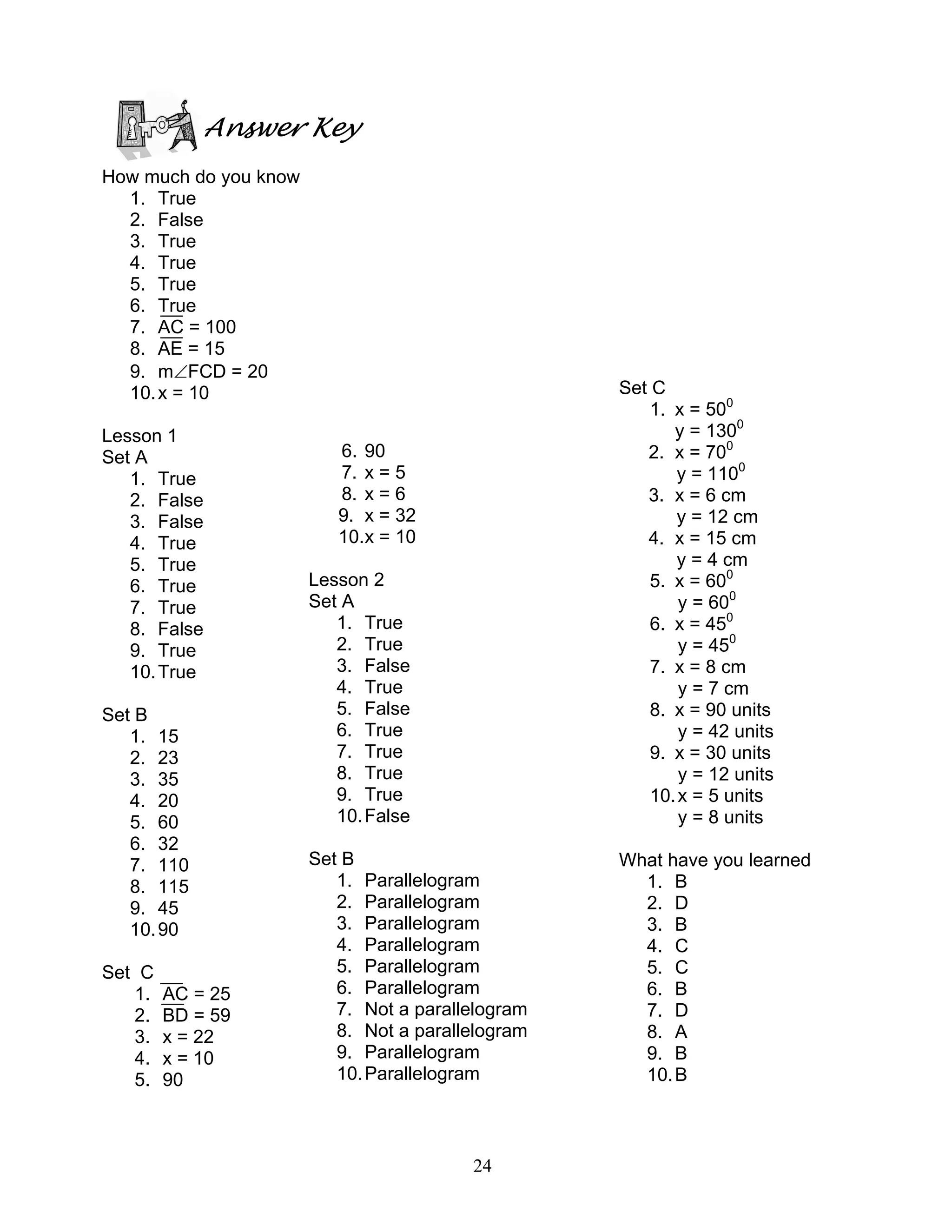 24
Answer Key
How much do you know
1. True
2. False
3. True
4. True
5. True
6. True
7. AC = 100
8. AE = 15
9. m∠FCD = 20
10.x = 10
Lesson 1
Set A
1. True
2. False
3. False
4. True
5. True
6. True
7. True
8. False
9. True
10.True
Set B
1. 15
2. 23
3. 35
4. 20
5. 60
6. 32
7. 110
8. 115
9. 45
10.90
Set C
1. AC = 25
2. BD = 59
3. x = 22
4. x = 10
5. 90
6. 90
7. x = 5
8. x = 6
9. x = 32
10.x = 10
Lesson 2
Set A
1. True
2. True
3. False
4. True
5. False
6. True
7. True
8. True
9. True
10.False
Set B
1. Parallelogram
2. Parallelogram
3. Parallelogram
4. Parallelogram
5. Parallelogram
6. Parallelogram
7. Not a parallelogram
8. Not a parallelogram
9. Parallelogram
10.Parallelogram
Set C
1. x = 500
y = 1300
2. x = 700
y = 1100
3. x = 6 cm
y = 12 cm
4. x = 15 cm
y = 4 cm
5. x = 600
y = 600
6. x = 450
y = 450
7. x = 8 cm
y = 7 cm
8. x = 90 units
y = 42 units
9. x = 30 units
y = 12 units
10.x = 5 units
y = 8 units
What have you learned
1. B
2. D
3. B
4. C
5. C
6. B
7. D
8. A
9. B
10.B
 