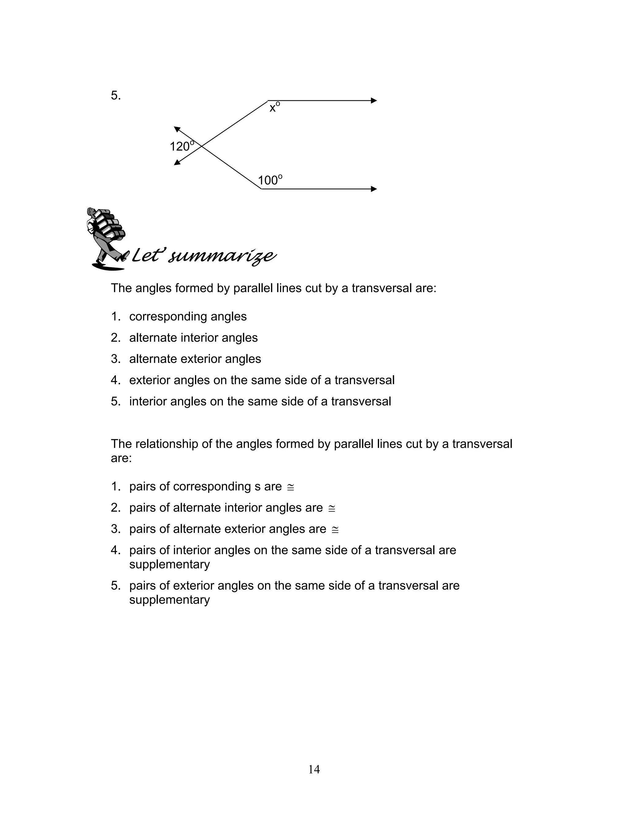 14
5.
Let’ summarize
The angles formed by parallel lines cut by a transversal are:
1. corresponding angles
2. alternate interior angles
3. alternate exterior angles
4. exterior angles on the same side of a transversal
5. interior angles on the same side of a transversal
The relationship of the angles formed by parallel lines cut by a transversal
are:
1. pairs of corresponding s are ≅
2. pairs of alternate interior angles are ≅
3. pairs of alternate exterior angles are ≅
4. pairs of interior angles on the same side of a transversal are
supplementary
5. pairs of exterior angles on the same side of a transversal are
supplementary
120o
100o
xo
 