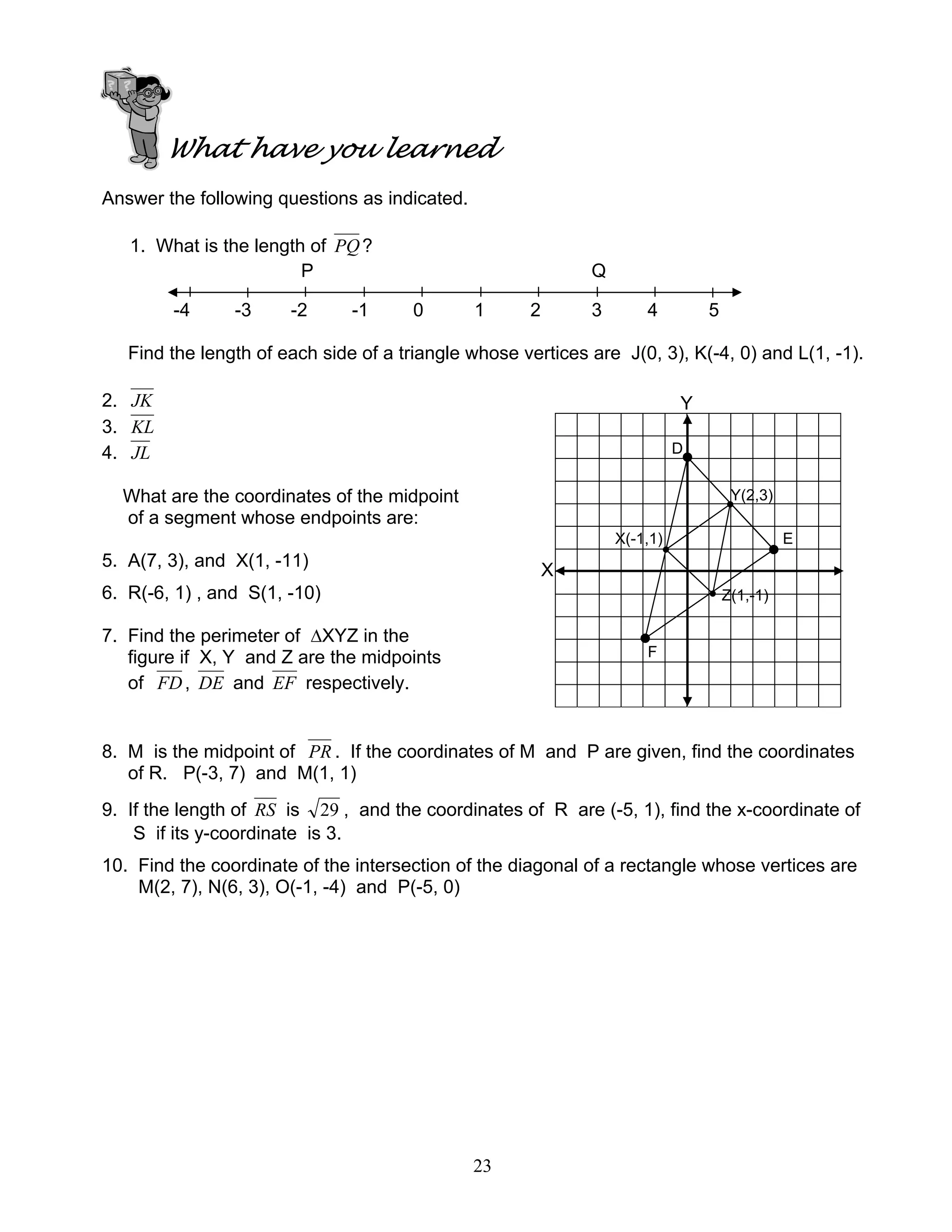 23
What have you learned
Answer the following questions as indicated.
1. What is the length of PQ?
P Q
-4 -3 -2 -1 0 1 2 3 4 5
Find the length of each side of a triangle whose vertices are J(0, 3), K(-4, 0) and L(1, -1).
2. JK
3. KL
4. JL
What are the coordinates of the midpoint
of a segment whose endpoints are:
5. A(7, 3), and X(1, -11)
6. R(-6, 1) , and S(1, -10)
7. Find the perimeter of ∆XYZ in the
figure if X, Y and Z are the midpoints
of FD, DE and EF respectively.
8. M is the midpoint of PR . If the coordinates of M and P are given, find the coordinates
of R. P(-3, 7) and M(1, 1)
9. If the length of RS is 29 , and the coordinates of R are (-5, 1), find the x-coordinate of
S if its y-coordinate is 3.
10. Find the coordinate of the intersection of the diagonal of a rectangle whose vertices are
M(2, 7), N(6, 3), O(-1, -4) and P(-5, 0)
Y(2,3)
Z(1,-1)
X(-1,1)
D
E
F
X
Y
 