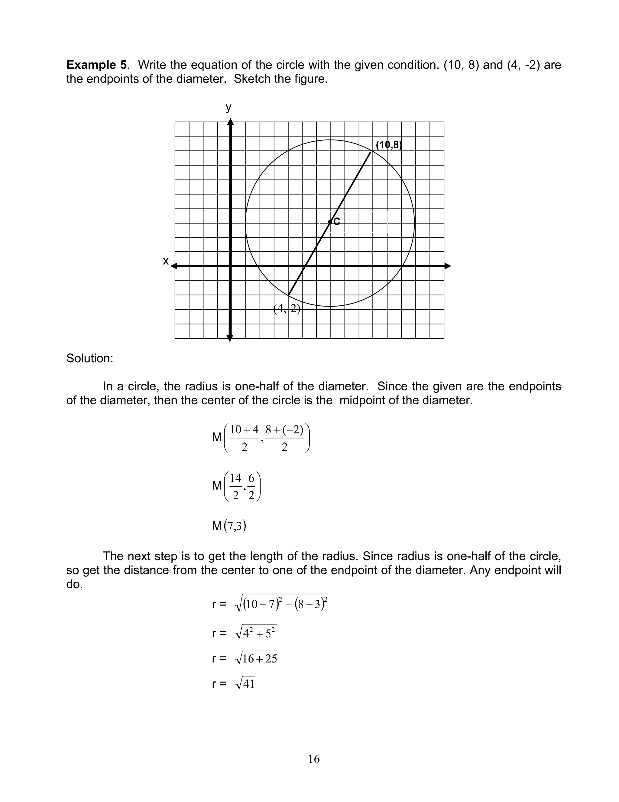 16
Example 5. Write the equation of the circle with the given condition. (10, 8) and (4, -2) are
the endpoints of the diameter. Sketch the figure.
y
x
Solution:
In a circle, the radius is one-half of the diameter. Since the given are the endpoints
of the diameter, then the center of the circle is the midpoint of the diameter.
M 




 −++
2
)2(8
,
2
410
M 





2
6
,
2
14
M( )3,7
The next step is to get the length of the radius. Since radius is one-half of the circle,
so get the distance from the center to one of the endpoint of the diameter. Any endpoint will
do.
r = ( ) ( )22
38710 −+−
r = 22
54 +
r = 2516 +
r = 41
●C
(10,8)
(4,-2)
 