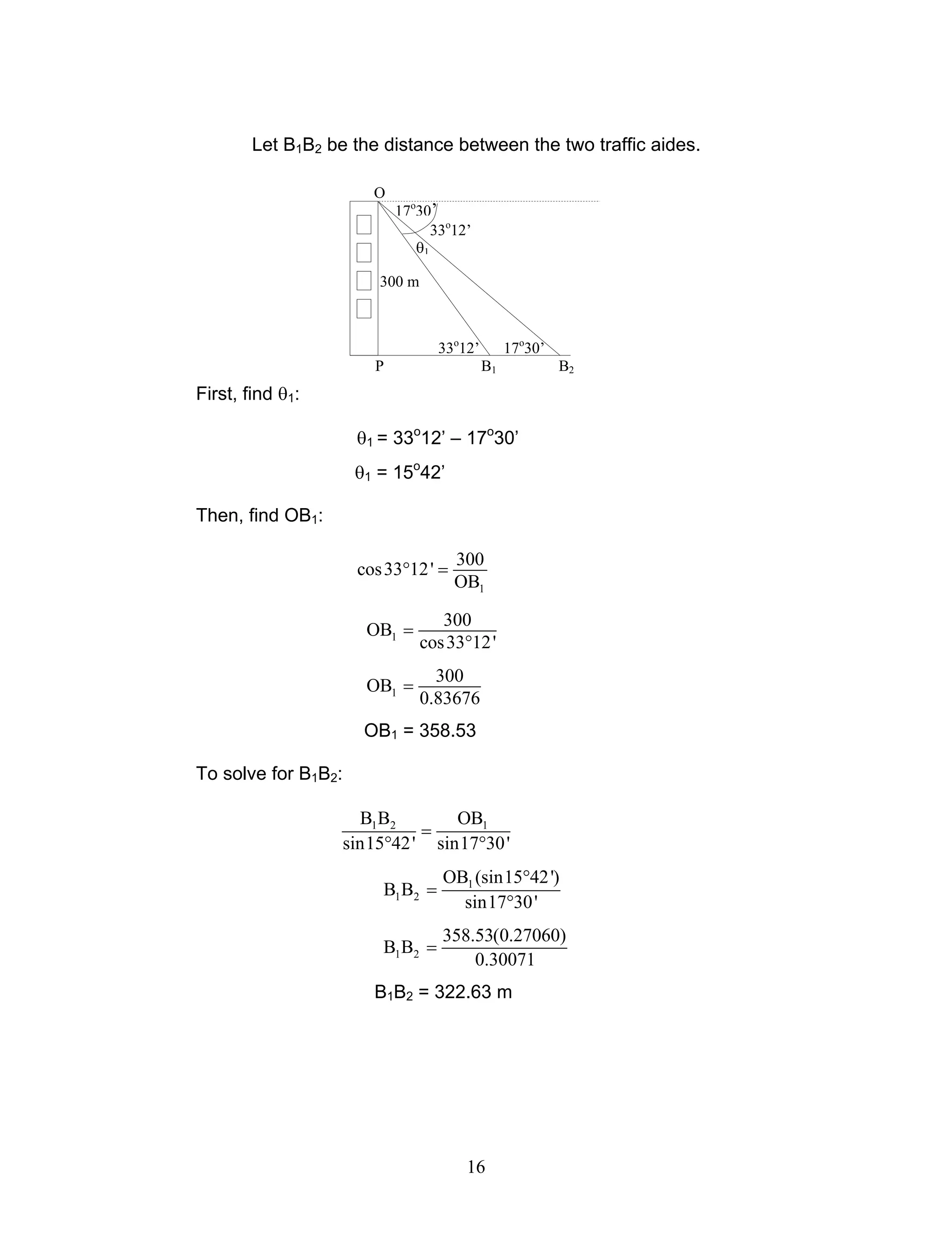 16
Let B1B2 be the distance between the two traffic aides.
First, find θ1:
θ1 = 33o
12’ – 17o
30’
θ1 = 15o
42’
Then, find OB1:
1
300
cos33 12'
OB
° =
1
300
OB
cos33 12'
=
°
1
300
OB
0.83676
=
OB1 = 358.53
To solve for B1B2:
1 2 1B B OB
sin15 42' sin17 30'
=
° °
1
1 2
OB (sin15 42')
B B
sin17 30'
°
=
°
1 2
358.53(0.27060)
B B
0.30071
=
B1B2 = 322.63 m
17o
30’
300 m
P B1 B2
33o
12’
θ1
O
17o
30’33o
12’
 