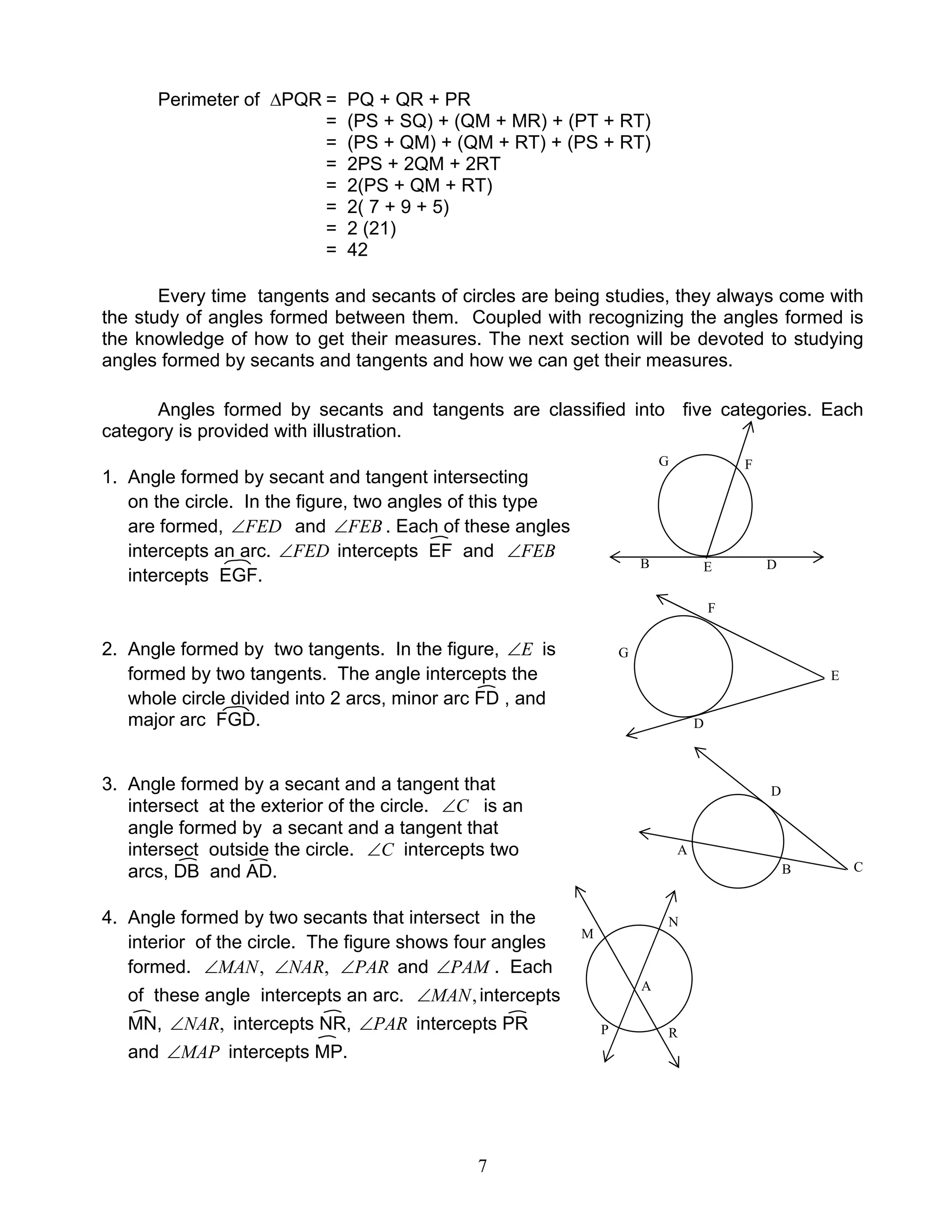 7
Perimeter of ∆PQR = PQ + QR + PR
= (PS + SQ) + (QM + MR) + (PT + RT)
= (PS + QM) + (QM + RT) + (PS + RT)
= 2PS + 2QM + 2RT
= 2(PS + QM + RT)
= 2( 7 + 9 + 5)
= 2 (21)
= 42
Every time tangents and secants of circles are being studies, they always come with
the study of angles formed between them. Coupled with recognizing the angles formed is
the knowledge of how to get their measures. The next section will be devoted to studying
angles formed by secants and tangents and how we can get their measures.
Angles formed by secants and tangents are classified into five categories. Each
category is provided with illustration.
1. Angle formed by secant and tangent intersecting
on the circle. In the figure, two angles of this type
are formed, FED∠ and FEB∠ . Each of these angles
intercepts an arc. FED∠ intercepts EF and FEB∠
intercepts EGF.
2. Angle formed by two tangents. In the figure, E∠ is
formed by two tangents. The angle intercepts the
whole circle divided into 2 arcs, minor arc FD , and
major arc FGD.
3. Angle formed by a secant and a tangent that
intersect at the exterior of the circle. C∠ is an
angle formed by a secant and a tangent that
intersect outside the circle. C∠ intercepts two
arcs, DB and AD.
4. Angle formed by two secants that intersect in the
interior of the circle. The figure shows four angles
formed. ,MAN∠ ,NAR∠ PAR∠ and PAM∠ . Each
of these angle intercepts an arc. ,MAN∠ intercepts
MN, ,NAR∠ intercepts NR, PAR∠ intercepts PR
and MAP∠ intercepts MP.
E
F
B D
G
F
E
D
G
C
D
A
B
M
N
A
RP
 