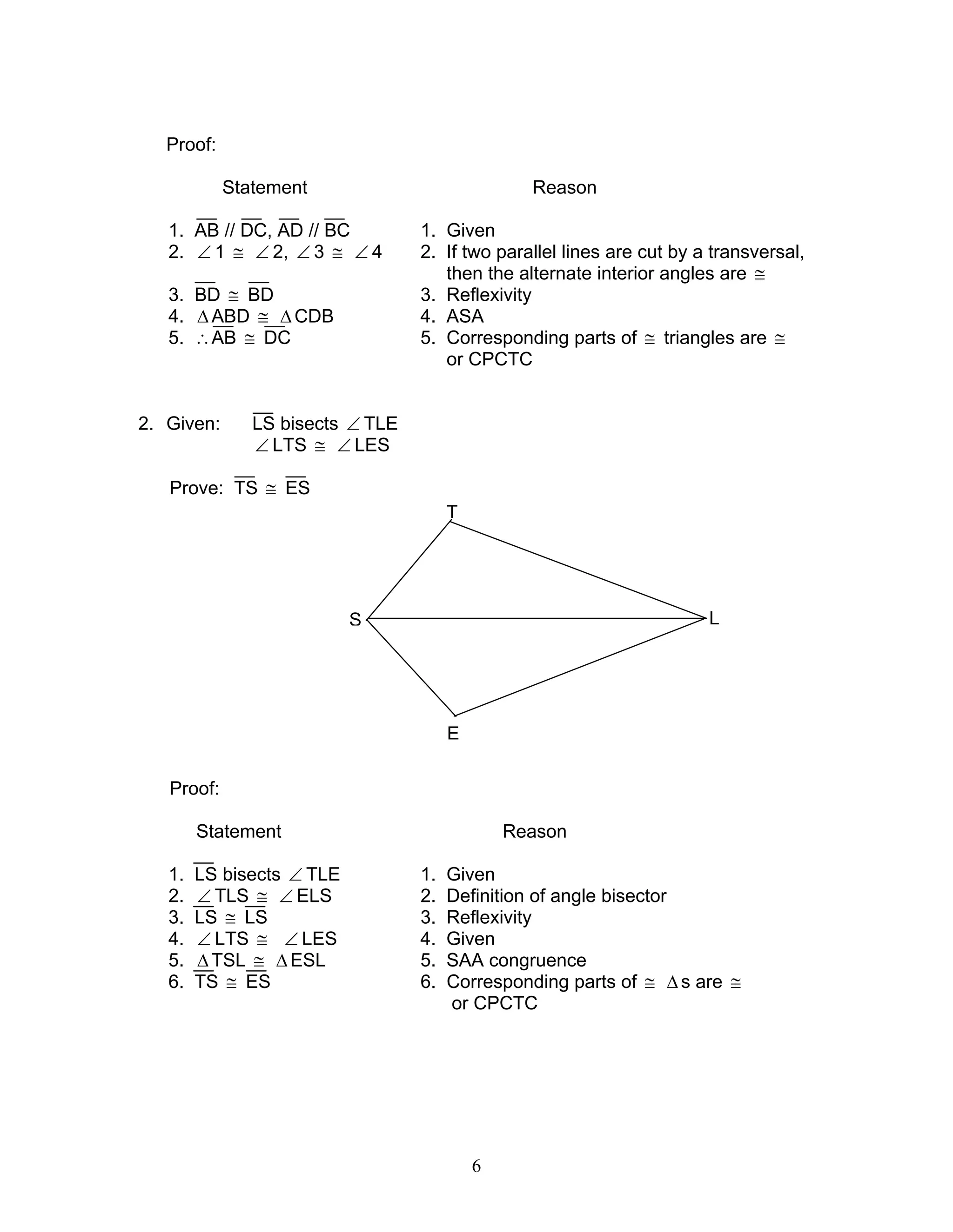 6
Proof:
Statement Reason
1. AB // DC, AD // BC 1. Given
2. ∠ 1 ≅ ∠ 2, ∠ 3 ≅ ∠ 4 2. If two parallel lines are cut by a transversal,
then the alternate interior angles are ≅
3. BD ≅ BD 3. Reflexivity
4. ∆ABD ≅ ∆CDB 4. ASA
5. ∴AB ≅ DC 5. Corresponding parts of ≅ triangles are ≅
or CPCTC
2. Given: LS bisects ∠ TLE
∠ LTS ≅ ∠ LES
Prove: TS ≅ ES
Proof:
Statement Reason
1. LS bisects ∠ TLE 1. Given
2. ∠ TLS ≅ ∠ ELS 2. Definition of angle bisector
3. LS ≅ LS 3. Reflexivity
4. ∠ LTS ≅ ∠ LES 4. Given
5. ∆ TSL ≅ ∆ ESL 5. SAA congruence
6. TS ≅ ES 6. Corresponding parts of ≅ ∆ s are ≅
or CPCTC
T
S L
E
 