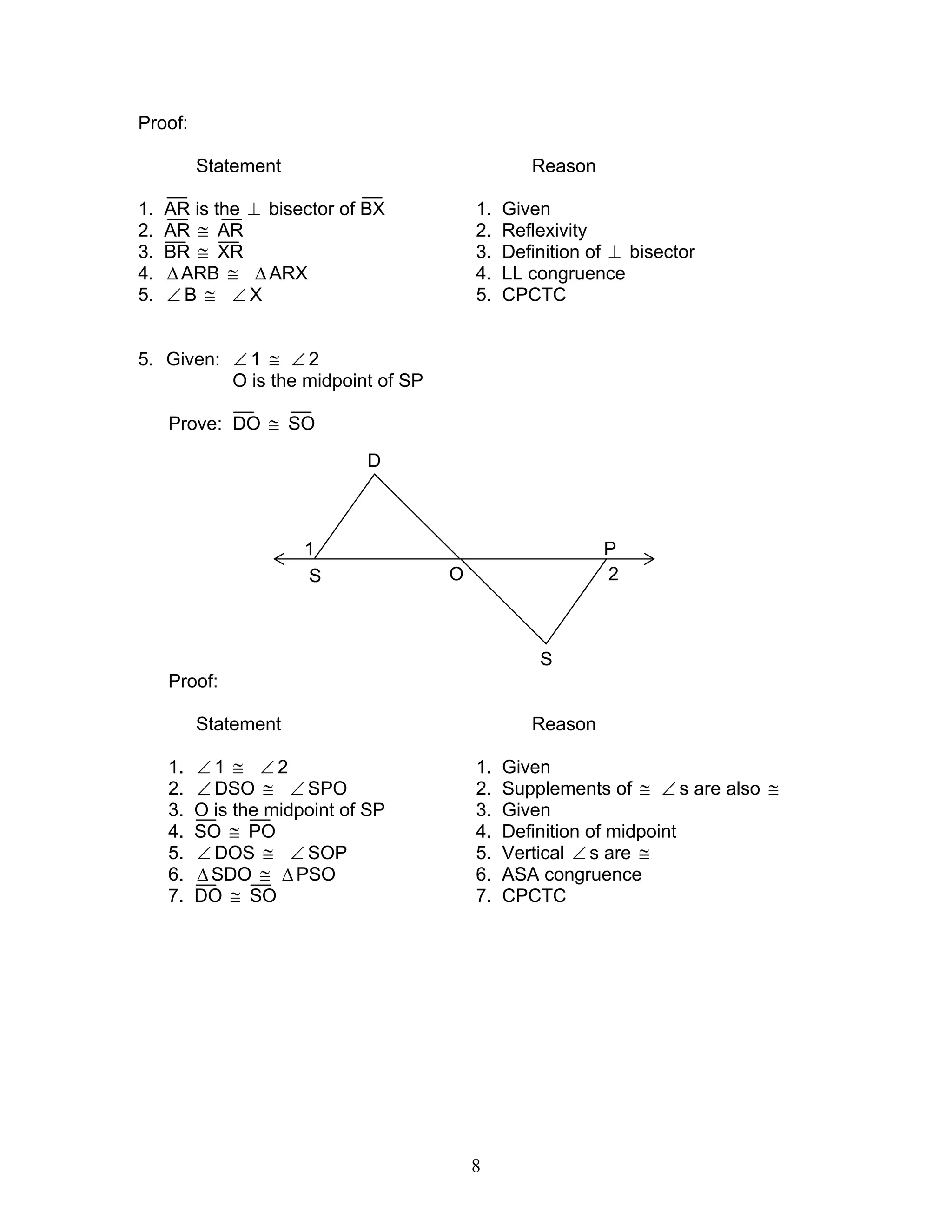 8
Proof:
Statement Reason
1. AR is the ⊥ bisector of BX 1. Given
2. AR ≅ AR 2. Reflexivity
3. BR ≅ XR 3. Definition of ⊥ bisector
4. ∆ARB ≅ ∆ARX 4. LL congruence
5. ∠ B ≅ ∠ X 5. CPCTC
5. Given: ∠ 1 ≅ ∠ 2
O is the midpoint of SP
Prove: DO ≅ SO
Proof:
Statement Reason
1. ∠ 1 ≅ ∠ 2 1. Given
2. ∠ DSO ≅ ∠ SPO 2. Supplements of ≅ ∠ s are also ≅
3. O is the midpoint of SP 3. Given
4. SO ≅ PO 4. Definition of midpoint
5. ∠ DOS ≅ ∠ SOP 5. Vertical ∠ s are ≅
6. ∆ SDO ≅ ∆ PSO 6. ASA congruence
7. DO ≅ SO 7. CPCTC
1
2S
D
O
S
P
 