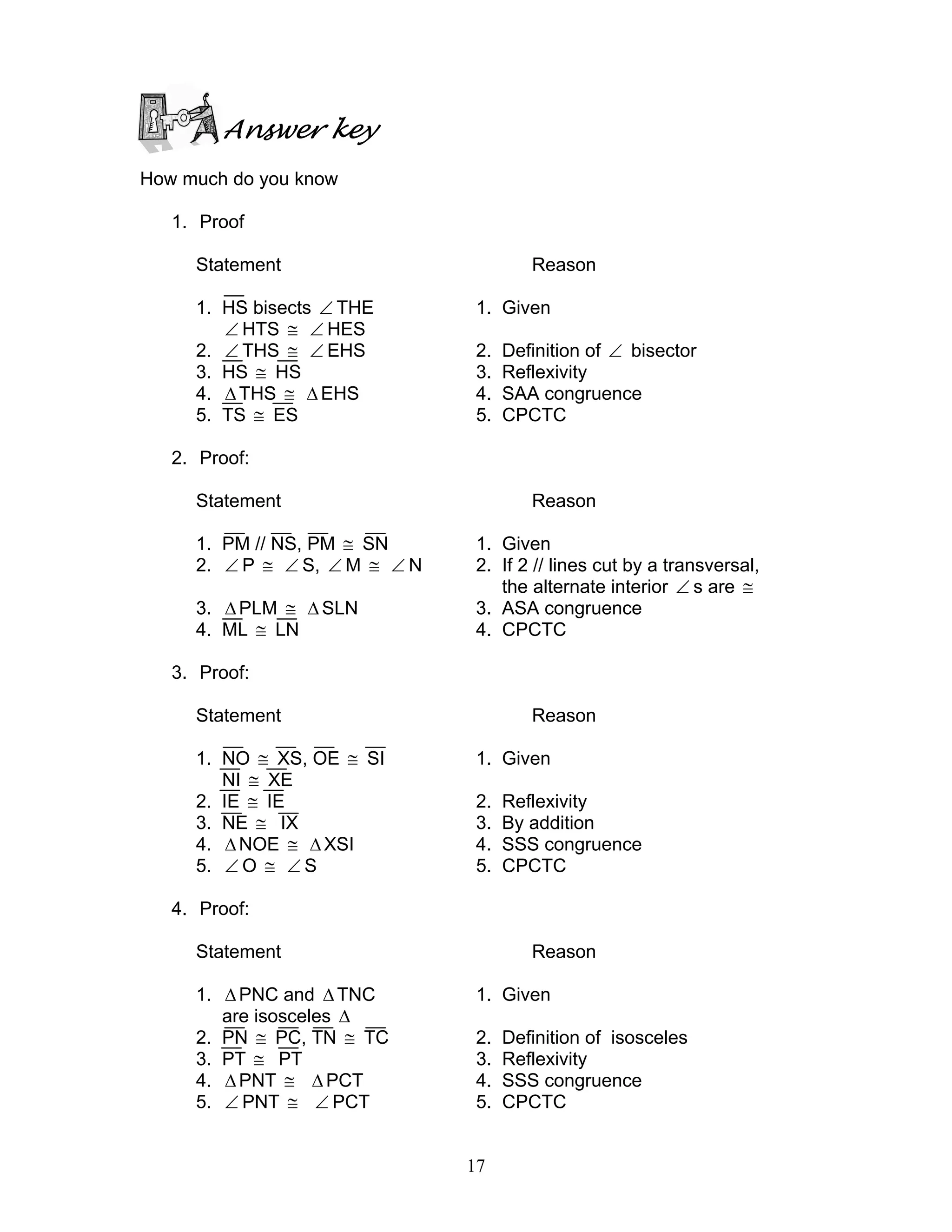 17
Answer key
How much do you know
1. Proof
Statement Reason
1. HS bisects ∠ THE 1. Given
∠ HTS ≅ ∠ HES
2. ∠ THS ≅ ∠ EHS 2. Definition of ∠ bisector
3. HS ≅ HS 3. Reflexivity
4. ∆THS ≅ ∆ EHS 4. SAA congruence
5. TS ≅ ES 5. CPCTC
2. Proof:
Statement Reason
1. PM // NS, PM ≅ SN 1. Given
2. ∠ P ≅ ∠ S, ∠ M ≅ ∠ N 2. If 2 // lines cut by a transversal,
the alternate interior ∠ s are ≅
3. ∆PLM ≅ ∆ SLN 3. ASA congruence
4. ML ≅ LN 4. CPCTC
3. Proof:
Statement Reason
1. NO ≅ XS, OE ≅ SI 1. Given
NI ≅ XE
2. IE ≅ IE 2. Reflexivity
3. NE ≅ IX 3. By addition
4. ∆NOE ≅ ∆XSI 4. SSS congruence
5. ∠ O ≅ ∠ S 5. CPCTC
4. Proof:
Statement Reason
1. ∆PNC and ∆TNC 1. Given
are isosceles ∆
2. PN ≅ PC, TN ≅ TC 2. Definition of isosceles
3. PT ≅ PT 3. Reflexivity
4. ∆PNT ≅ ∆ PCT 4. SSS congruence
5. ∠ PNT ≅ ∠ PCT 5. CPCTC
 