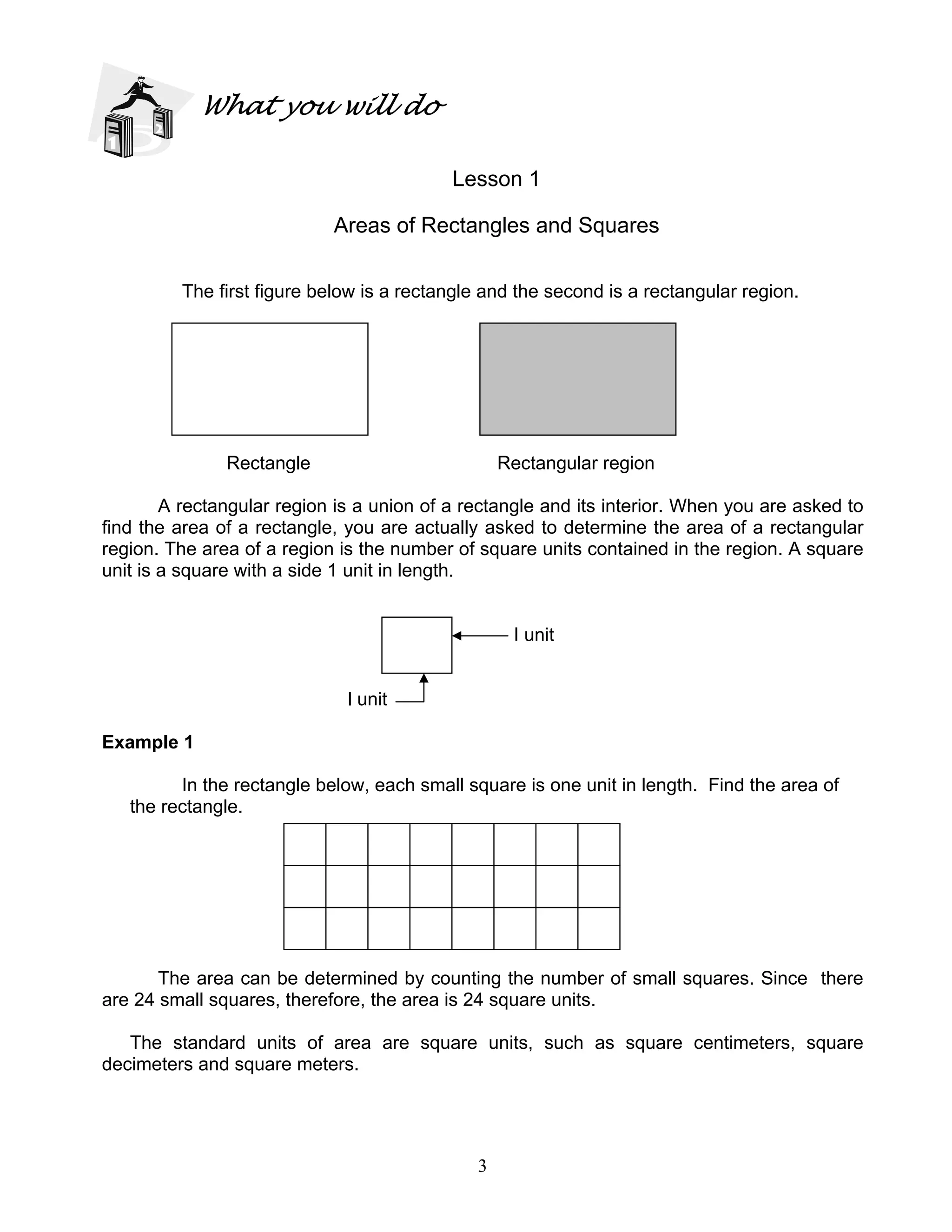 3
What you will do
Lesson 1
Areas of Rectangles and Squares
The first figure below is a rectangle and the second is a rectangular region.
Rectangle Rectangular region
A rectangular region is a union of a rectangle and its interior. When you are asked to
find the area of a rectangle, you are actually asked to determine the area of a rectangular
region. The area of a region is the number of square units contained in the region. A square
unit is a square with a side 1 unit in length.
I unit
l unit
Example 1
In the rectangle below, each small square is one unit in length. Find the area of
the rectangle.
The area can be determined by counting the number of small squares. Since there
are 24 small squares, therefore, the area is 24 square units.
The standard units of area are square units, such as square centimeters, square
decimeters and square meters.
 