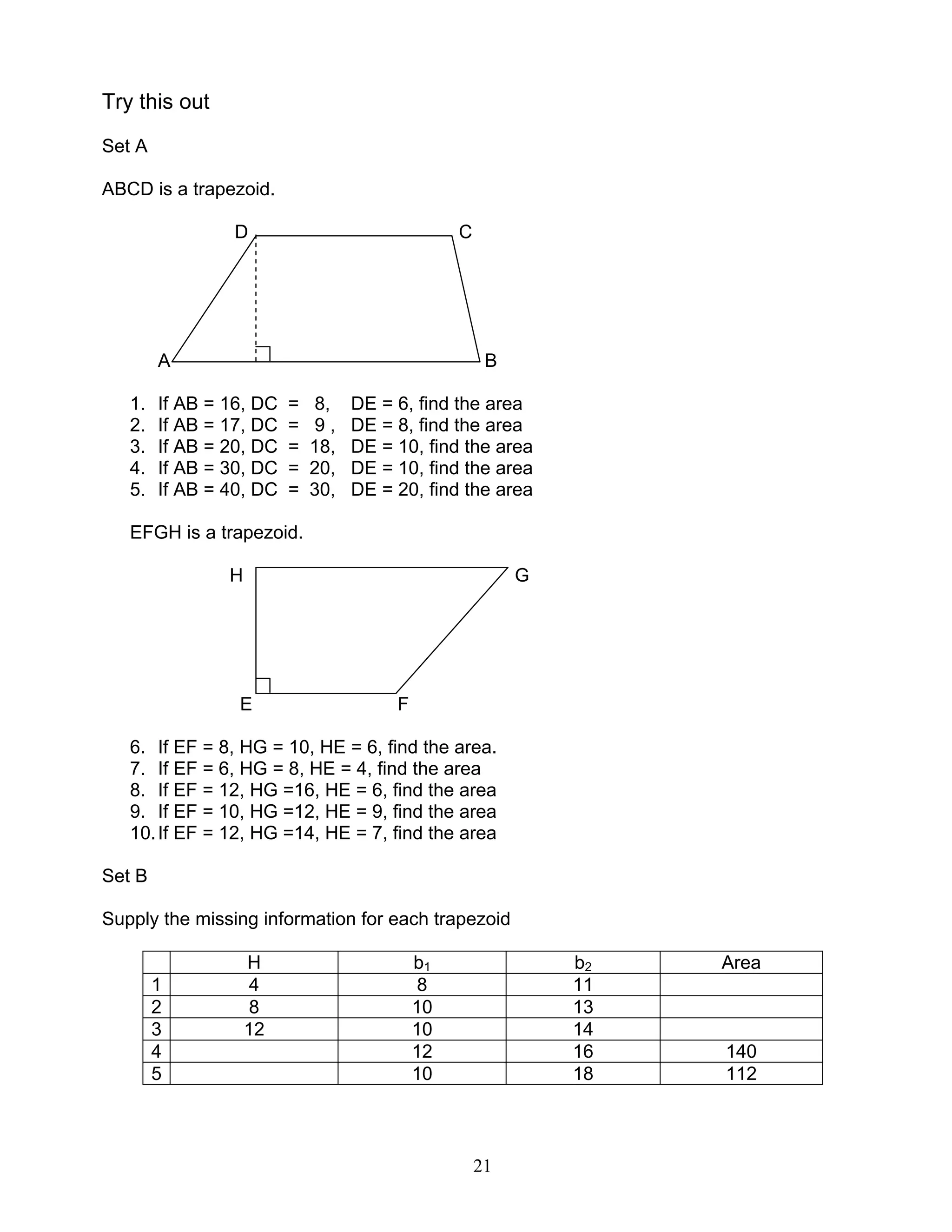 21
Try this out
Set A
ABCD is a trapezoid.
D C
A B
1. If AB = 16, DC = 8, DE = 6, find the area
2. If AB = 17, DC = 9 , DE = 8, find the area
3. If AB = 20, DC = 18, DE = 10, find the area
4. If AB = 30, DC = 20, DE = 10, find the area
5. If AB = 40, DC = 30, DE = 20, find the area
EFGH is a trapezoid.
H G
E F
6. If EF = 8, HG = 10, HE = 6, find the area.
7. If EF = 6, HG = 8, HE = 4, find the area
8. If EF = 12, HG =16, HE = 6, find the area
9. If EF = 10, HG =12, HE = 9, find the area
10.If EF = 12, HG =14, HE = 7, find the area
Set B
Supply the missing information for each trapezoid
H b1 b2 Area
1 4 8 11
2 8 10 13
3 12 10 14
4 12 16 140
5 10 18 112
 