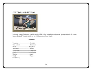 32
EVERYMAN, A MORALITY PLAY
Everyman is late-15th-century English morality play. Called by Death, Everyman can persuade none of his friends -
Beauty, Kindred, Worldly Goods - to go with him, except Good Deeds.
Characters
Everyman-------------------------Strength
God: Adonai----------------------Discretion
Death-----------------------------Five-Wits
Messenger------------------------Beauty
Fellowship------------------------Knowledge
Cousin----------------------------Confession
Kindred---------------------------Angel
Goods-----------------------------Doctor
Good-Deeds
 