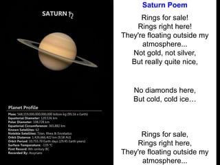 Saturn Poem
Rings for sale!
Rings right here!
They're floating outside my
atmosphere...
Not gold, not silver,
But really quite nice,
No diamonds here,
But cold, cold ice…
Rings for sale,
Rings right here,
They're floating outside my
atmosphere...
 