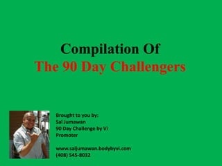 Compilation Of
The 90 Day Challengers


   Brought to you by:
   Sal Jumawan
   90 Day Challenge by Vi
   Promoter

   www.saljumawan.bodybyvi.com
   (408) 545-8032
 