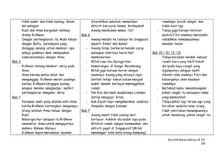 NotaIRP Bahasa MelayuIB 107
108
tidak sedar dan tidak matang dalam
hal sebegini
- Rusli dan Anna bergaduh tentang
drama Ridhwan
- Dengan pertengkaran itu, Rusli keluar
dengan Betty, perempuan yang
dianggap senang untuk memberi apa
sahaja padanya demi melepaskan
keserabutannya dengan Anna
Bab 6
- Ridhwan datang memberi skrip pada
Anna
- Anna berasa serba salah dan
menganggap Ridhwan marah padanya
kerana Ridhwan bergegas pulang
selepas mereka menghadapi sedikit
pertengkaran mengenai skrip
Bab 7
- Perasaan aneh yang dialami oleh Anna
ketika Ridhwan bertengkar dengannya
hilang setelah Anna keluar dengan
Rusli
- Beberapa hari selepas itu Ridhwan
menelefon Anna untuk mengajarnya
sastera Bahasa Melayu
- Ridhwan dapat merasakan layanan
dibersihkan sebelum memulakan
aktiviti bercucuk tanam, terdayakah
Awang melakukan semua itu?
Bab 6
- Awang hendak ke belayar ke Singapura
seperti Endut dan Kemat
- Awang tetap berkeras hendak pergi
walaupun isterinya berat hati
membenarkan
- Milah rasa dia dipinggirkan
keseorangan di Sungai Berembang
- Milah juga berasa hairan dengan
suaminya Awang yang dulunya ingin
bertani tetapi kebun belum menjadi
sudah hendak berlayar meninggalkan
rumah
- Pak Kiai dan anak saudaranya Lokman
dating mengajar kitab
- Kak Joyah ingin mengahwinkan anaknya
Cempaka dengan Lokman
Bab 7
- Awang masih tidak pulang dari
berlayar. Adakah dia sudah lupa pada
Milah di rumah dengan kemewahan dan
aktiviti joget di Singapura? (Milah
mendengar kata-kata orang kampung)
rumahnya buruk, senget dan
tidak kuat lagi
- Tukya juga berasa terkilan
apabila Fikri anaknya merendah-
rendahkan kemampuannya
mendaki hutan
Bab 10 / 11/ 12 /13
- Tukya berazam hendak mebuat
rumah baru yang lebih kukuh
daripada kayu cengal yang
dijumpainya selepas sedih
disindir oleh anaknya Fikri dan
keluarganya akan keadaan
rumahnya
- Bertekad mahu menumbangkan
pokok cengal itu walaupun ramai
yang membantah
- Tukya sekali lagi terasa ego yang
tercabar apabila ramai orang
tidak yakin akan kemampuannya
untuk menebang pokok cengal itu.
 