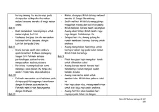 NotaIRP Bahasa MelayuIB 107
109
kurang senang ibu saudaranya pada
dirinya dan adiknya ketika makan
malam bersama mereka di meja makan
utama
Bab 8
- Rusli memulakan rancangannya untuk
memerangkap Latifah
- Usahanya berjaya dan dia merasakan
kelainan ketika bersama dengan
Latifah daripada Diana
Bab 9
- Diana berasa pedih dan cemburu
apabila melihat Ridhwan memegang
tangan Siti Fatimah selepas
pertandingan pantun kerana
mengucapkan syabas padanya
- Peristiwa itu menyebabkan Anna
menangis pada malam itu tanpa dia
sendiri tidak tahu akan sebabnya
Bab 10
- Fatimah merasakan satu kelainan pada
dirinya apabila tangannya bersalaman
dengan Ridhwan pada malam itu
- Fatimah memikirkan hubungannya
dengan Ridhwan
Bab 11
- Melan, abangnya Milah datang melawat
mereka di Sungai Berembang
- Sedih melihat Milah lalu mengajaknya
tinggalkan Awang dan balik ke Kesang
- Milah menolak kerana masih sayangkan
Awang akan tetapi Milah masih ragu-
ragu dengan tindakannya itu
- Selepas hari itu, Awang pulang ke
rumah membawa barang- barang untuk
anaknya
- Awang menyatakan hasratnya untuk
berlayar sekali lagi pada bulan namun
Milah tidak bersetuju
Bab 9
- Pihak kerajaan ingin mengukur tanah
untuk dikenakan cukai
- Awang berasa marah kerana hasil
tanamannya belum menjadi sudah
hendak dicukai
- Awang rasa serba salah untuk
memberitahu Milah akan pekara cukai
ini
- Hari raya akan tiba, Awang memikirkan
untuk beli baju raya anak-anaknya
- Awang terfikir akan keadaan hari
rayanya pada tahun ini dengan
 