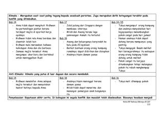 NotaIRP Bahasa MelayuIB 107
113
Klimaks : Merupakan saat-saat paling tegang kepada sesebuah peristiwa. Juga merupakan detik ketegangan terakhir pada
konflik yang ditimbulkan.
Bab 14
- Anna tidak dapat mengikuti Ridhwan
ke pertandingan pantun kerana
terdapat majlis di syarikat kerja
ayahnya
- Ridhwan tidak rela Anna berdasa dan
disentuh lelaki lain
- Ridhwan mula merasakan bahawa
kehidupan Anna dan dia berbeza
- Semasa majlis tersebut Anna
menjumpai akar baru dan bertekad
untuk meninggalkan Rusli
Bab 17
- Jalal pulang dari Singapra dengan
membawa isterinya
- Milah dan Awang terasa lega
peminangan Asmah itu terbatal
Bab 18
- Awang dan keluarganya berpindah ke
hulu pada 20 syabaan
- Berkat bantuan orang-orang kampung
rumahnya dapat didirikan dan disiapkan
- Anaknya Husin demam panas
Bab 14 /15
- Tukya menjemput orang kampung
dan anaknya menyaksikan hari
kejayaaannya menumbangkan
pokok cengal pada hari jumaat
- Namun anaknya tidak dapat
datang kerana mempunyai yang
penting
- Tukya mengajak Besah melihat
hari bersejarahnnya itu walaupun
orang-orang kampung tidak
datang untuk melihat
- Pokok cengal itu berjaya
ditumbangkan tetapi malangnya
pokok itu rebah menghempap
Tukya
Anti-Klimaks: klimaks yang putus di luar dugaan dan secara mendadak.
Bab 14
- Ridhwan menelefon Anna selepas
majlis tersebut dan menyatakan
hasrat hatinya kepada Anna
Bab 18
- Anaknya Husin meninggal kerana
demam panas
- Milah tidak dapat menerima dan
manangisi pemergian anak bongsunya
itu
Bab 16
- Tukya mati dihempap pokok
Penyelasaian: Keputusan akhir cerita. Di bahagian ini segala konflik dan masalah telah diselesaikan. Biasanya keadaan menjadi
 