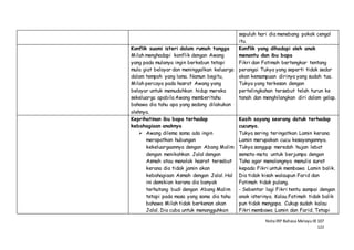 NotaIRP Bahasa MelayuIB 107
122
sepuluh hari dia menebang pokok cengal
itu.
Konflik suami isteri dalam rumah tangga
Milah menghadapi konflik dengan Awang
yang pada mulanya ingin berkebun tetapi
mula giat belayar dan meninggalkan keluarga
dalam tempoh yang lama. Namun begitu,
Milah percaya pada hasrat Awang yang
belayar untuk memudahkan hidup mereka
sekeluarga apabila Awang memberitahu
bahawa dia tahu apa yang sedang dilakukan
olehnya.
Konflik yang dihadapi oleh anak
menantu dan ibu bapa
Fikri dan Fatimah bertengkar tentang
perangai Tukya yang seperti tidak sedar
akan kemampuan dirinya yang sudah tua.
Tukya yang terkesan dengan
pertelingkahan tersebut telah turun ke
tanah dan menghilangkan diri dalam gelap.
Keprihatinan ibu bapa terhadap
kebahagiaan anaknya
 Awang dilema sama ada ingin
merapatkan hubungan
kekeluargaannya dengan Abang Malim
dengan menikahkan Jalal dengan
Asmah atau menolak hasrat tersebut
kerana dia tidak jamin akan
kebahagiaan Asmah dengan Jalal. Hal
ini demikian kerana dia banyak
terhutang budi dengan Abang Malim
tetapi pada masa yang sama dia tahu
bahawa Milah tidak berkenan akan
Jalal. Dia cuba untuk menangguhkan
Kasih sayang seorang datuk terhadap
cucunya.
Tukya sering teringatkan Lamin kerana
Lamin merupakan cucu kesayangannya.
Tukya sanggup meredah hujan lebat
semata-mata untuk berjumpa dengan
Taha agar menolongnya menulis surat
kepada Fikri untuk membawa Lamin balik.
Dia tidak kisah walaupun Farid dan
Fatimah tidak pulang.
- Sebentar lagi Fikri tentu sampai dengan
anak isterinya. Kalau Fatimah tidak balik
pun tidak mengapa. Cukup sudah kalau
Fikri membawa Lamin dan Farid. Tetapi
 