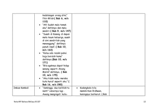 NotaIRP Bahasa MelayuIB 107 13
kedatangan orang alim,”
fikir Milah ( Bab 6, m/s
110)
 “Ah! Sudah mula tamak
aku” detiknya dan malu
sendiri ( Bab 9, m/s 147)
 “Susah di Kesang di depan
mata kaum keluarga, susah
di sini sendirilah yang
menanggung” detiknya
penuh insaf. ( Bab 10,
m/s 163)
 “Kalau ada rezeki pakai
baju barulah kamu”
detiknya (Bab 10, m/s
171)
 “Bila agaknya dapat hidup
senang seperti Abang
Malim” detiknya.. ( Bab
10, m/s 175)
 “Aku tidak mahu mereka
buta huruf seperti aku.” (
Bab 16, m/s 290)
Imbas Kembali  “Seminggu dua baliklah tu
nanti” cabarnya lagi .
Awang mengingati kata-
 Kadangkala bila
memikirkan Ridhwan,
keningnya berkerut. ( Bab
 