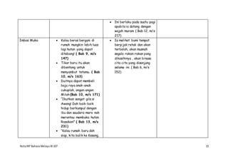 NotaIRP Bahasa MelayuIB 107 15
 Ini berlaku pada suatu pagi
apabila ia datang dengan
wajah muram ( Bab 12, m/s
217)
Imbas Muka  Kalau beras berguni di
rumah mungkin lebih luas
lagi hutan yang dapat
ditebang! ( Bab 9, m/s
147)
 Tikar baru itu akan
dibentang untuk
menyambut tetamu. ( Bab
10, m/s 163)
 Duitnya dapat membeli
baju raya anak-anak
cukuplah, angan-angan
Milah (Bab 10, m/s 171)
 “Ikutkan sangat gila si
Awang! Dah baik-baik
hidup berkumpul dengan
ibu dan saudara-mara nak
merantau membuka hutan.
Rasakan!” ( Bab 13, m/s
231)
 “Kalau rumah baru dah
siap, kita balik ke Kesang,
 Ia melihat bumi tempat
berpijak retak dan akan
terbelah, akan musnah
segala rakan-rakan yang
dikasihinya , akan binasa
cita-cita yang disanjung
selama ini. ( Bab 6, m/s
152)
 