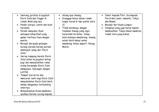 NotaIRP Bahasa MelayuIB 107 27
 Seorang jurutaip di pejabat
Encik Jalal dan tinggal di
rumah Mak Long nya.
 Pandai beraya, cantik dan kuat
bersolek.
 Pernah menyukai Rusli
walaupun sikap Rusli yang
gemar berfoya-foya dengan
wanita.
 Berasal daripada golongan
kurang berada kerana pernah
meminjam wang dari Encik
Jalal.
 Sering tumpang kereta Encik
Jalal untuk ke pejabat setiap
pagi dan menyebabkan ramai
orang bersangka Encik Jalal
mempunyai hubungan dengan
Latifah.
 Tempat bercerita dan
mencurah lasih bagi Encik Jalal
menyebabkan Encik Jalal lebih
selesa dengannya berbanding
isterinya.
 Menyebabkan Diana membenci
ayahnya kerana curang kepada
 Abang ipar Awang.
 Dianggap ketua dalam rumah
besae buruk di tepi pantai (m/s
3)
 Tidak bersetuju dengan
tindakan Awang yang ingin
berpindah ke hutan, tetapi
kata-katanya mendorong Awang
untuk lebih tekad untuk
menebang hutan seperti Abang
Malim.
 Isteri kepada Fikri, ibu kepada
Farid dan Lamin, menantu Tukya
dan Besah.
 Berasal dari Kuala Lumpur.
 Sikapnya yang juga keras kepala
membuatkan Tukya tekad membina
rumah baru yang kukuh.
 