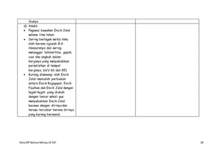 NotaIRP Bahasa MelayuIB 107 28
ibunya.
d) Amdin
 Pegawai bawahan Encik Jalal
selama lima tahun.
 Sering berlagak serba tahu
oleh kerana iajazah B.A
Honoursnya dan sering
melanggar tatatertibe, gopoh,
cuai dna angkuh dalam
kerjanya yang menyebabkan
perselisihan di tempat
kerjanya. (m/s 66 dan 85)
 Kurang disenangi oleh Encik
Jalal-mencelah perbualan
antara Encik Rajagopal, Encik
Faulkes dan Encik Jalal dengan
hujah-hujah yang diubah
dengan lancar sekali gus
menyebabkan Encik Jalal
kecewa dengan dirinya dan
terasa tercabar kerana dirinya
yang kurang bersosial.
 