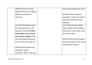 NotaIRP Bahasa MelayuIB 107 57
PENYELESAIAN: Diana tetap
dengan pendiriannya, Rusli sengaja
membiarkan perselisihan ini
berlarutan.
mereka untuk dikenakan cukai tanah.
PENYELESAIAN: Abang Malim
menerangkan tentang cukai tersebut
kepada Milah dan Milah berhenti
membantah.
(m/s 145-154) Perbalahan antara
ahli Jawatankuasa Kecil Drama
yang terdiri daripada ahli Badan
Bahasa Melayu dan dan pelajar
jurusan Bahasa Inggeris tentang
nasib Badan Bahasa Melayu yang
dilihat ditindas oleh jurusan lain.
PENYELESAIAN: Ridhwan cuba
menenangkan keadaan,
menunjukkan mentaliti siswa yang
(m/s 243) Pertentangan pendapat
antara penduduk Sungai Berembang
tentang punca rumah dimasuki orang
dan anak dara diusik.
PENYELESAIAN: Milah berwaspada
akan perkara tersebut kerana Awang
belum pulang dari berlayar.
 