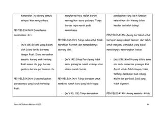NotaIRP Bahasa MelayuIB 107 64
Kemarahan itu datang semula
selepas Wan mengusiknya.
PENYELESAIAN: Diana hanya
mendiamkan diri.
- (m/s 158) Dilema yang dialami
oleh Diana ketika bertemu
dengan Rusli. Diana merasakan
sesuatu kurang enak tentang
Rusli namun dia juga berasa
gembira kerana perdamaian itu.
PENYELESAIAN: Diana melupakan
perasaannya yang buruk terhadap
Rusli.
menghormatinya malah berani
meninggikan suara padanya. Tukya
berasa ingin marah pada
menantunya.
PENYELESAIAN: Tukya cuba untuk tidak
marahkan Fatimah dan memendamnya
seorang diri.
- (m/s 149) Sikap Farid yang tidak
mahu pulang ke rumah atuknya atas
alasan rumah buruk.
PENYELESAIAN: Tukya berazam untuk
membina rumah baru yang lebih tegap.
- (m/s 90, 113) Tukya merasakan
pendapatan yang lebih lumayan
meletakkan diri Awang dalam
keadan berbelah bahagi.
PENYELESAIAN: Awang bertekad untuk
berlayar supaya dapat mencari duit lebih
untuk menjamu penduduk yang bakal
menolongnya menerangkan kebun.
- (m/s 286) Konflik yang dilalui sama
ada mahu menerima pinangan Kak
Joyah untuk Jalal ataupun tidak,
tentang membalas budi Abang
Malim dan peribadi Jalal yang
tidak digemari.
PENYELESAIAN: Awang meminta Milah
 