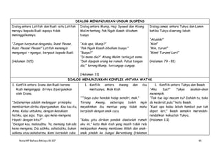 NotaIRP Bahasa MelayuIB 107 95
DIALOG MENUNJUKKAN UNSUR SUSPENS
Dialog antara Latifah dan Rusli iaitu Latifah
merayu kepada Rusli supaya tidak
meninggalkannya.
“Jangan berputus denganku, Russ! Please,
Russ. Please! Please!” Latifah menangis
mengongoi – ngongoi, berpaut kepada Rusli.
(Halaman 265)
Dialog antara Munip, Haji Syawal dan Abang
Malim tentang Pak Ngah Kasah dibaham
buaya
“Ada apa, Munip?”
“Pak Ngah Kasah dibaham buaya.”
“Buaya?”
“Di mana dia?” Abang Malim terkejut sama.
“Dah dipapah orang ke rumah. Putus tangan
dia,” terang Munip, tercungap-cungap.
(Halaman 31)
Dialog cemas antara Tukya dan Lamin
ketika Tukya diserang lebah
“Atukkk!”
“Min!”
“Min, turun!”
“Minn! Turunn! Lari!”
(Halaman 79 - 81)
DIALOG MENUNJUKKAN KONFLIK ANTARA WATAK
1. Konflik antara Diana dan Rusli kerana
Rusli menganggap dirinya dipergunakan
oleh Diana.
“Sebenarnya adalah melanggar prinsipku
membiarkan diriku dipergunakan. Kau tau itu,
Anna. Kalau untukmu, dengan kesukaan
hatiku, apa saja. Tapi, apa kena-mengena
Hayati dengan kita?”
“Dengan kau, maksudmu. Ya, memang tak ada
kena-mengena. Dia adikku, sahabatku, bukan
adikmu atau sahabatmu. Kami bersalah cuba
1. Konflik antara Awang dan ibu
mentuanya, Mak Kiah
“””Saya cuba hendak hidup sendiri, mak,”
Terang Awang, seberapa boleh ingin
meyakinkan ibu mentua yang tidak mahu
berpisah dengan anak cucu.
“Kalau gitu dirikan pondok disebelah rumah
aku ini,” kata Mak Kiah yang masih tidak rela
melepaskan Awang membawa Milah dan anak-
anak pindah ke Sungai Berembang (Halaman
1. Konflik antara Tukya dan Besah
“Aku tua?” Tukya seakan-akan
menempik.
“Tak tua lagi macam tu? Dahlah tu, taka
da kederat pula,” kata Besah.
“Kuat apa kalau lebah hambat pun tak
dapat lari,” Besah semakin merendah-
rendahkan kekuatan Tukya.
(Halaman 111)
 