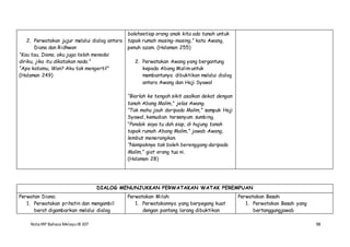 NotaIRP Bahasa MelayuIB 107 98
2. Perwatakan jujur melalui dialog antara
Diana dan Ridhwan
“Kau tau, Diana, aku juga telah menodai
diriku, jika itu dikatakan noda.”
“Apa katamu, Wan? Aku tak mengerti!”
(Halaman 249)
bolehsetiap orang anak kita ada tanah untuk
tapak rumah masing-masing,” kata Awang,
penuh azam. (Halaman 255)
2. Perwatakan Awang yang bergantung
kepada Abang Malim untuk
membantunya dibuktikan melalui dialog
antara Awang dan Haji Syawal
“Biarlah ke tengah sikit asalkan dekat dengan
tanah Abang Malim,” jelas Awang.
“Tak mahu jauh daripada Malim,” sampuk Haji
Syawal, kemudian tersenyum sumbing.
“Pondok saya tu dah siap, di hujung tanah
tapak rumah Abang Malim,” jawab Awang,
lembut menerangkan.
“Nampaknya tak boleh berenggang daripada
Malim,” giat orang tua ni.
(Halaman 28)
DIALOG MENUNJUKKAN PERWATAKAN WATAK PEREMPUAN
Perwatan Diana:
1. Perwatakan prihatin dan mengambil
berat digambarkan melalui dialog
Perwatakan Milah:
1. Perwatakannya yang berpegang kuat
dengan pantang larang dibuktikan
Perwatakan Besah:
1. Perwatakan Besah yang
bertanggungjawab
 