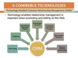 E-COMMERCE TECHNOLOGIES
    Technology-Enabled Customer Relationship Management (CRM)
   Technology-enabled relationship management is
    important when promoting and selling on the Web
                                    Distribution
                                     Channels
                      Promotion &                  Pricing @
                       Discounts                   Service of
                        offered                     Product



                                                                New Product
          Targeting
                                                                  Features




                                                                      Measure
     Advertising
                                    CRM                              customer
                                                                    relationship
 
