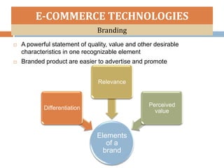 E-COMMERCE TECHNOLOGIES
                               Branding
   A powerful statement of quality, value and other desirable
    characteristics in one recognizable element
   Branded product are easier to advertise and promote


                                Relevance


                                                   Perceived
            Differentiation
                                                     value



                               Elements
                                  of a
                                 brand
 