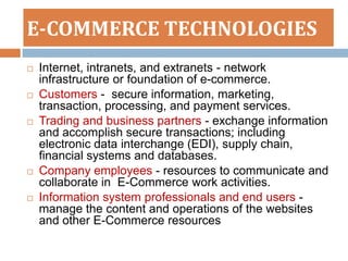 E-COMMERCE TECHNOLOGIES
   Internet, intranets, and extranets - network
    infrastructure or foundation of e-commerce.
   Customers - secure information, marketing,
    transaction, processing, and payment services.
   Trading and business partners - exchange information
    and accomplish secure transactions; including
    electronic data interchange (EDI), supply chain,
    financial systems and databases.
   Company employees - resources to communicate and
    collaborate in E-Commerce work activities.
   Information system professionals and end users -
    manage the content and operations of the websites
    and other E-Commerce resources
 
