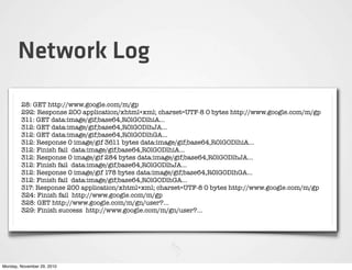 Network Log
        28: GET http://www.google.com/m/gp
        292: Response 200 application/xhtml+xml; charset=UTF-8 0 by...