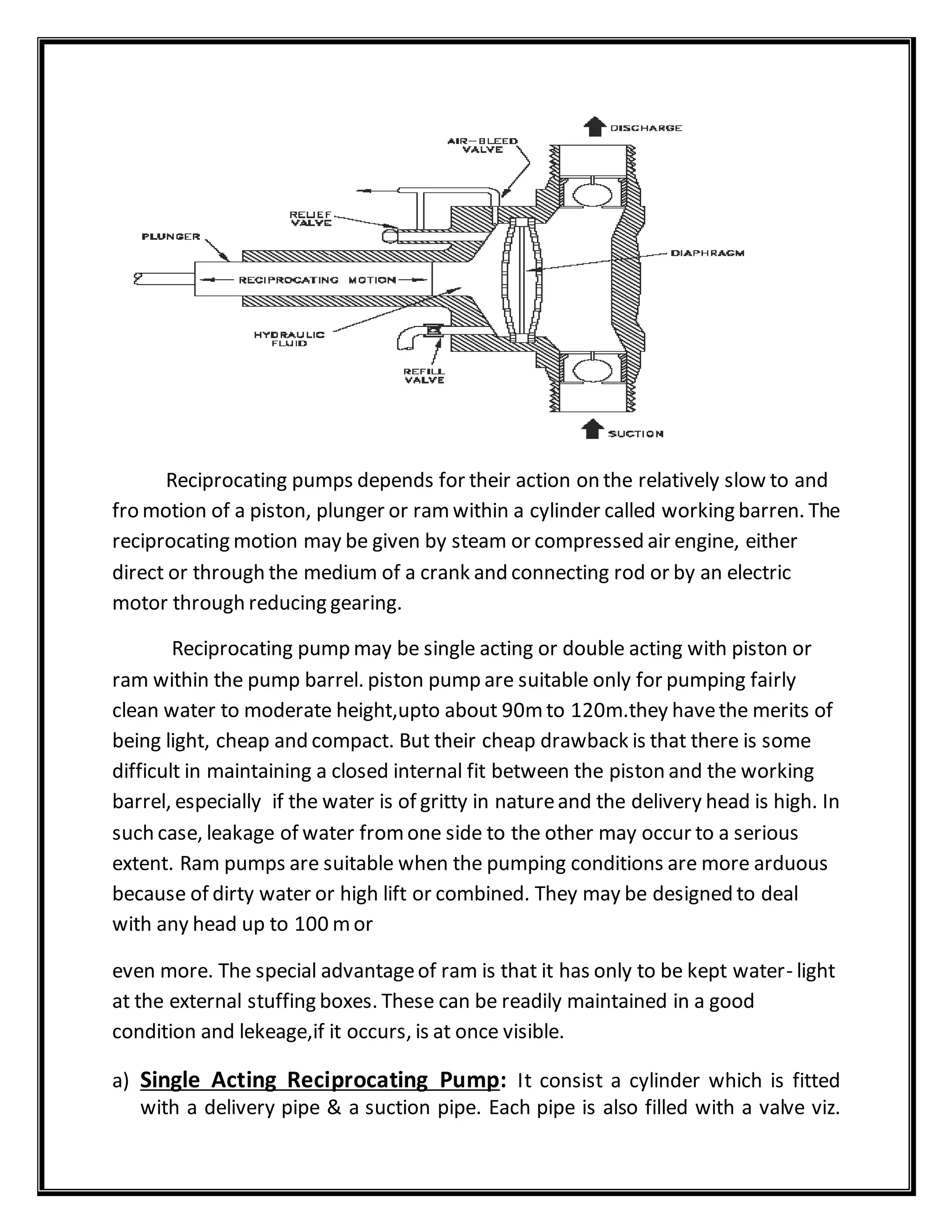 Reciprocating pumps depends for their action on the relatively slow to and
fro motion of a piston, plunger or ramwithin a cylinder called working barren. The
reciprocating motion may be given by steam or compressed air engine, either
direct or through the medium of a crank and connecting rod or by an electric
motor through reducing gearing.
Reciprocating pump may be single acting or double acting with piston or
ram within the pump barrel. piston pump are suitable only for pumping fairly
clean water to moderate height,upto about 90mto 120m.they havethe merits of
being light, cheap and compact. But their cheap drawback is that there is some
difficult in maintaining a closed internal fit between the piston and the working
barrel, especially if the water is of gritty in natureand the delivery head is high. In
such case, leakage of water fromone side to the other may occur to a serious
extent. Ram pumps are suitable when the pumping conditions are more arduous
because of dirty water or high lift or combined. They may be designed to deal
with any head up to 100 mor
even more. The special advantageof ram is that it has only to be kept water- light
at the external stuffing boxes. These can be readily maintained in a good
condition and lekeage,if it occurs, is at once visible.
a) Single Acting Reciprocating Pump: It consist a cylinder which is fitted
with a delivery pipe & a suction pipe. Each pipe is also filled with a valve viz.
 