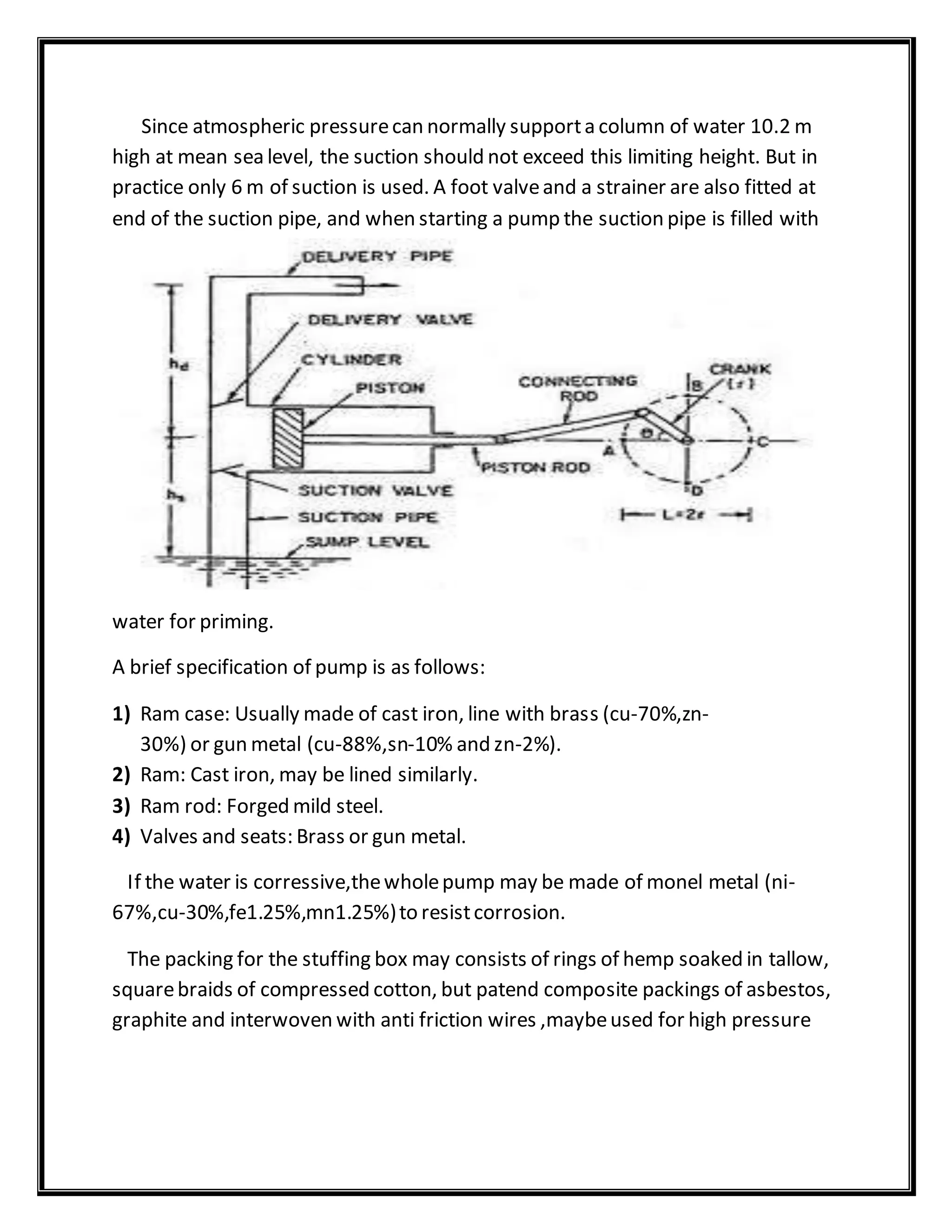 Since atmospheric pressurecan normally supporta column of water 10.2 m
high at mean sea level, the suction should not exceed this limiting height. But in
practice only 6 m of suction is used. A foot valveand a strainer are also fitted at
end of the suction pipe, and when starting a pump the suction pipe is filled with
water for priming.
A brief specification of pump is as follows:
1) Ram case: Usually made of cast iron, line with brass (cu-70%,zn-
30%) or gun metal (cu-88%,sn-10% and zn-2%).
2) Ram: Cast iron, may be lined similarly.
3) Ram rod: Forged mild steel.
4) Valves and seats: Brass or gun metal.
If the water is corressive,thewholepump may be made of monel metal (ni-
67%,cu-30%,fe1.25%,mn1.25%)to resistcorrosion.
The packing for the stuffing box may consists of rings of hemp soaked in tallow,
squarebraids of compressed cotton, but patend composite packings of asbestos,
graphite and interwoven with anti friction wires ,maybeused for high pressure
 