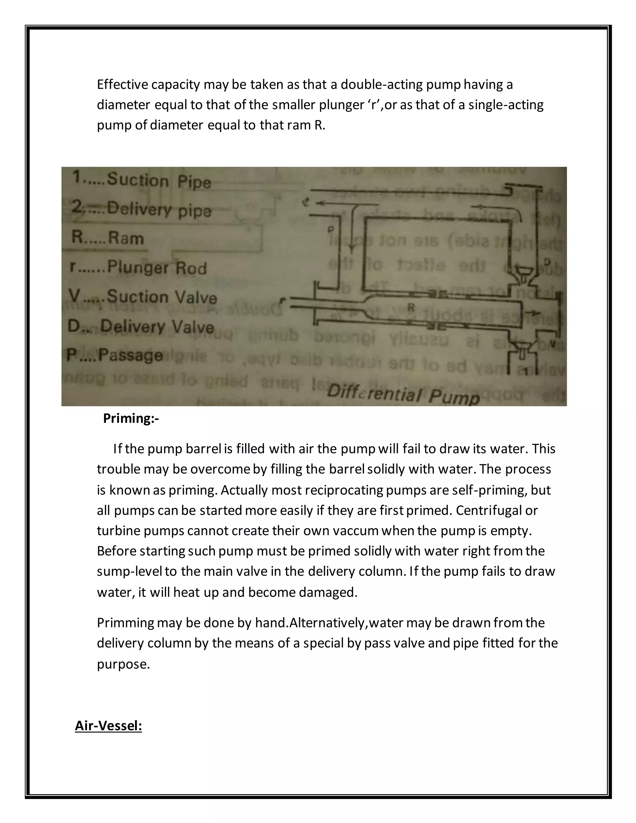 Effective capacity may be taken as that a double-acting pump having a
diameter equal to that of the smaller plunger ‘r’,or as that of a single-acting
pump of diameter equal to that ram R.
Priming:-
If the pump barrelis filled with air the pump will fail to draw its water. This
trouble may be overcomeby filling the barrelsolidly with water. The process
is known as priming. Actually most reciprocating pumps are self-priming, but
all pumps can be started more easily if they are firstprimed. Centrifugal or
turbine pumps cannot create their own vaccumwhen the pump is empty.
Before starting such pump must be primed solidly with water right fromthe
sump-levelto the main valve in the delivery column. If the pump fails to draw
water, it will heat up and become damaged.
Primming may be done by hand.Alternatively,water may be drawn fromthe
delivery column by the means of a special by pass valve and pipe fitted for the
purpose.
Air-Vessel:
 