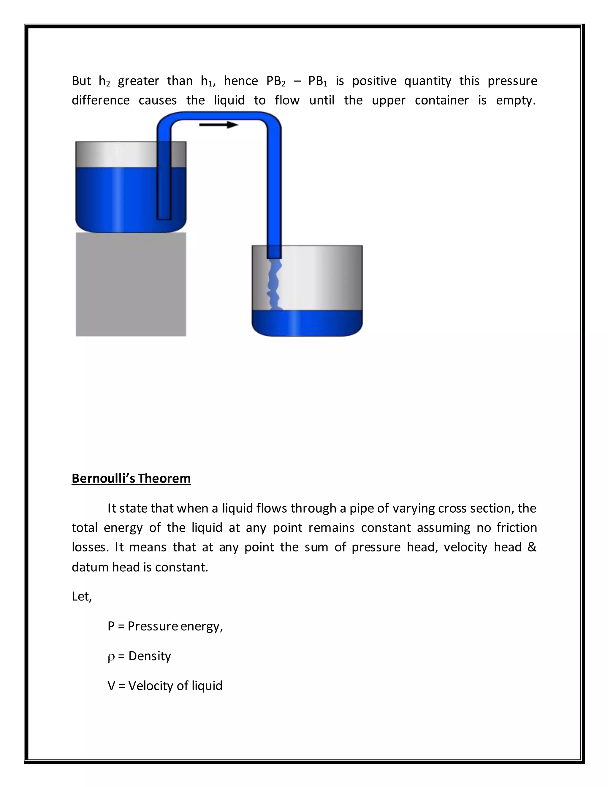 But h2 greater than h1, hence PB2 – PB1 is positive quantity this pressure
difference causes the liquid to flow until the upper container is empty.
Bernoulli’s Theorem
It state that when a liquid flows through a pipe of varying cross section, the
total energy of the liquid at any point remains constant assuming no friction
losses. It means that at any point the sum of pressure head, velocity head &
datum head is constant.
Let,
P = Pressureenergy,
 = Density
V = Velocity of liquid
 