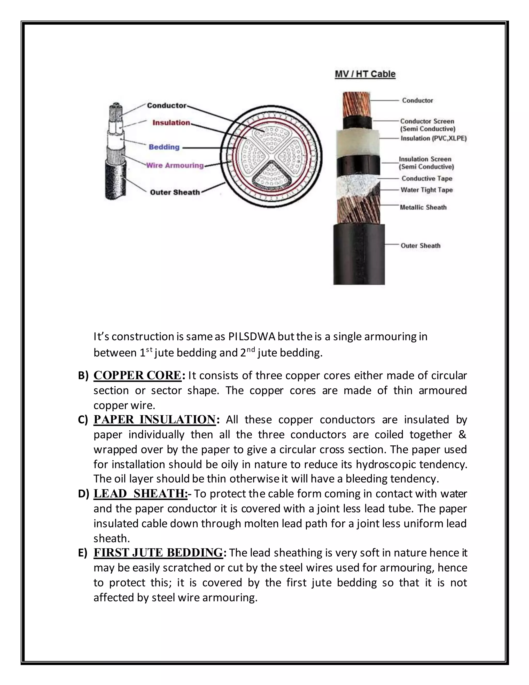 It’s construction is sameas PILSDWA buttheis a single armouring in
between 1st
jute bedding and 2nd
jute bedding.
B) COPPER CORE: It consists of three copper cores either made of circular
section or sector shape. The copper cores are made of thin armoured
copper wire.
C) PAPER INSULATION: All these copper conductors are insulated by
paper individually then all the three conductors are coiled together &
wrapped over by the paper to give a circular cross section. The paper used
for installation should be oily in nature to reduce its hydroscopic tendency.
The oil layer should be thin otherwiseit will have a bleeding tendency.
D) LEAD SHEATH:- To protect the cable form coming in contact with water
and the paper conductor it is covered with a joint less lead tube. The paper
insulated cable down through molten lead path for a joint less uniform lead
sheath.
E) FIRST JUTE BEDDING: The lead sheathing is very soft in nature hence it
may be easily scratched or cut by the steel wires used for armouring, hence
to protect this; it is covered by the first jute bedding so that it is not
affected by steel wire armouring.
 