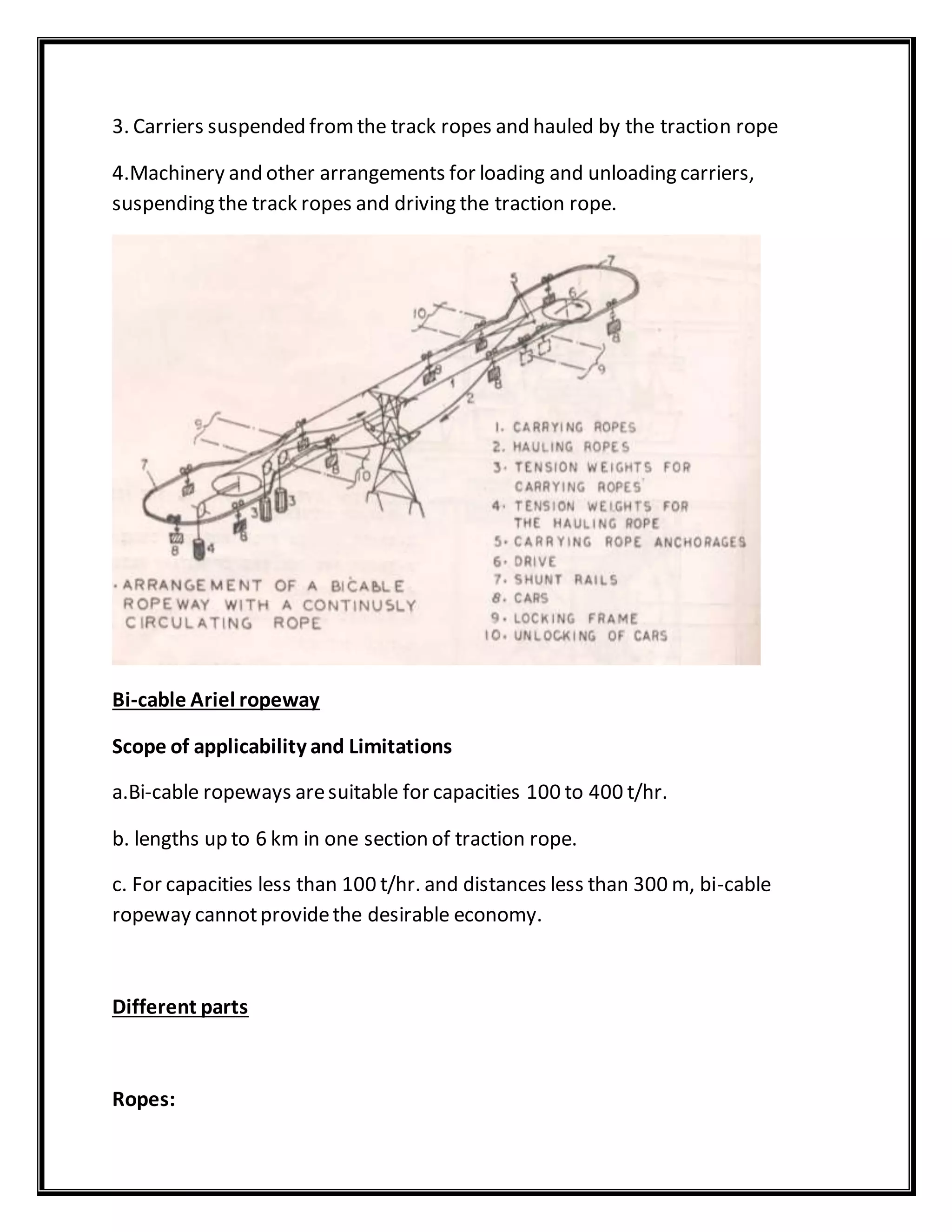 3. Carriers suspended fromthe track ropes and hauled by the traction rope
4.Machinery and other arrangements for loading and unloading carriers,
suspending the track ropes and driving the traction rope.
Bi-cable Ariel ropeway
Scope of applicability and Limitations
a.Bi-cable ropeways aresuitable for capacities 100 to 400 t/hr.
b. lengths up to 6 km in one section of traction rope.
c. For capacities less than 100 t/hr. and distances less than 300 m, bi-cable
ropeway cannotprovidethe desirable economy.
Different parts
Ropes:
 