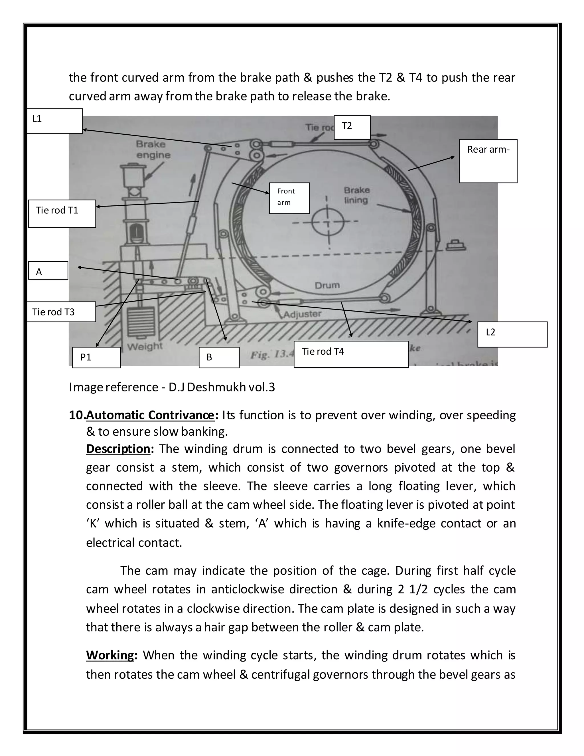 the front curved arm from the brake path & pushes the T2 & T4 to push the rear
curved arm away fromthe brake path to release the brake.
Imagereference - D.J Deshmukh vol.3
10.Automatic Contrivance: Its function is to prevent over winding, over speeding
& to ensure slow banking.
Description: The winding drum is connected to two bevel gears, one bevel
gear consist a stem, which consist of two governors pivoted at the top &
connected with the sleeve. The sleeve carries a long floating lever, which
consist a roller ball at the cam wheel side. The floating lever is pivoted at point
‘K’ which is situated & stem, ‘A’ which is having a knife-edge contact or an
electrical contact.
The cam may indicate the position of the cage. During first half cycle
cam wheel rotates in anticlockwise direction & during 2 1/2 cycles the cam
wheel rotates in a clockwise direction. The cam plate is designed in such a way
that there is always a hair gap between the roller & cam plate.
Working: When the winding cycle starts, the winding drum rotates which is
then rotates the cam wheel & centrifugal governors through the bevel gears as
L1
L2
Tie rod T1
Tie rod T3
A
BP1
Tie rod T4
T2
Front
arm
arm
Rear arm-
 